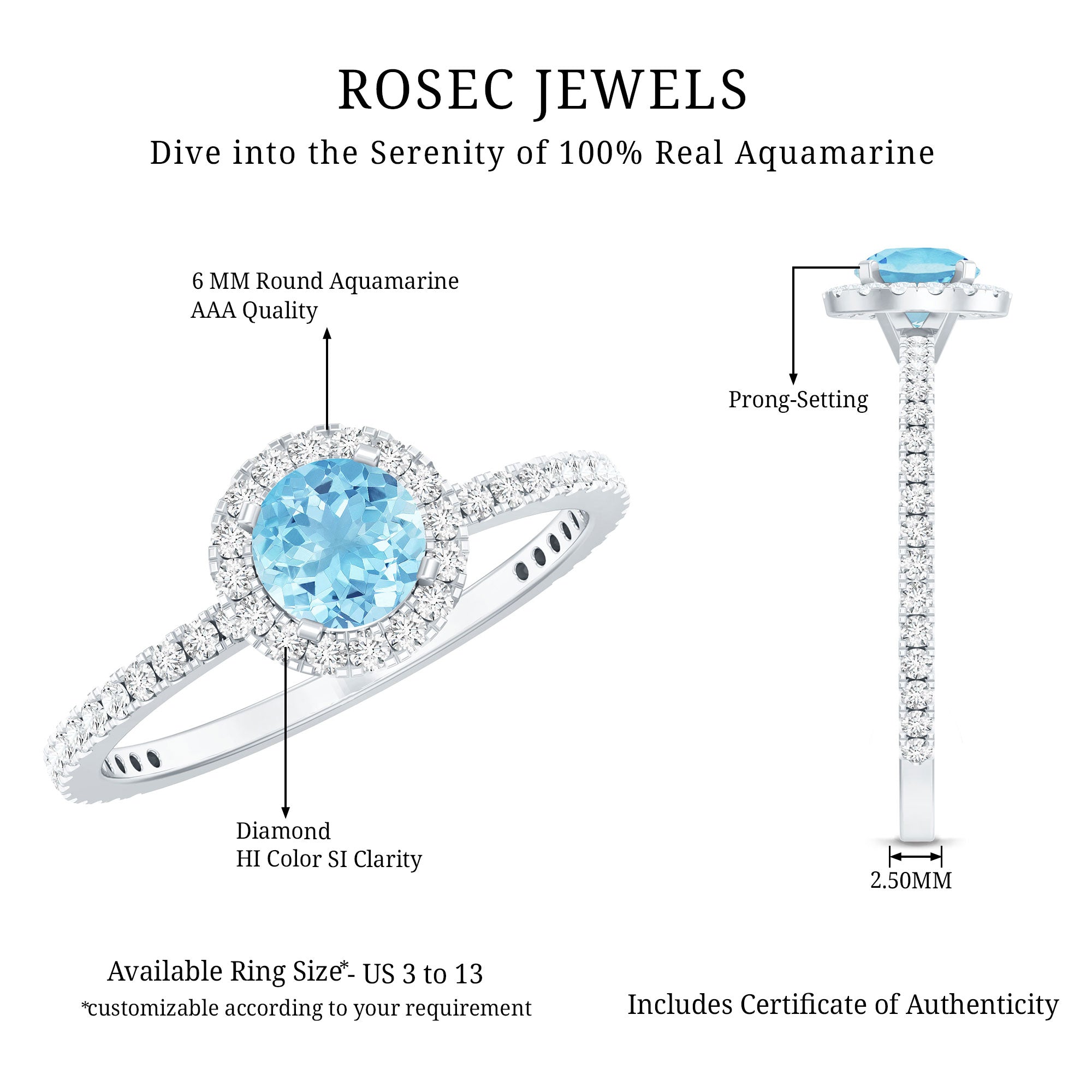 Genuine Blue Aquamarine Ring with Diamond Accent AAA - Rosec Jewels