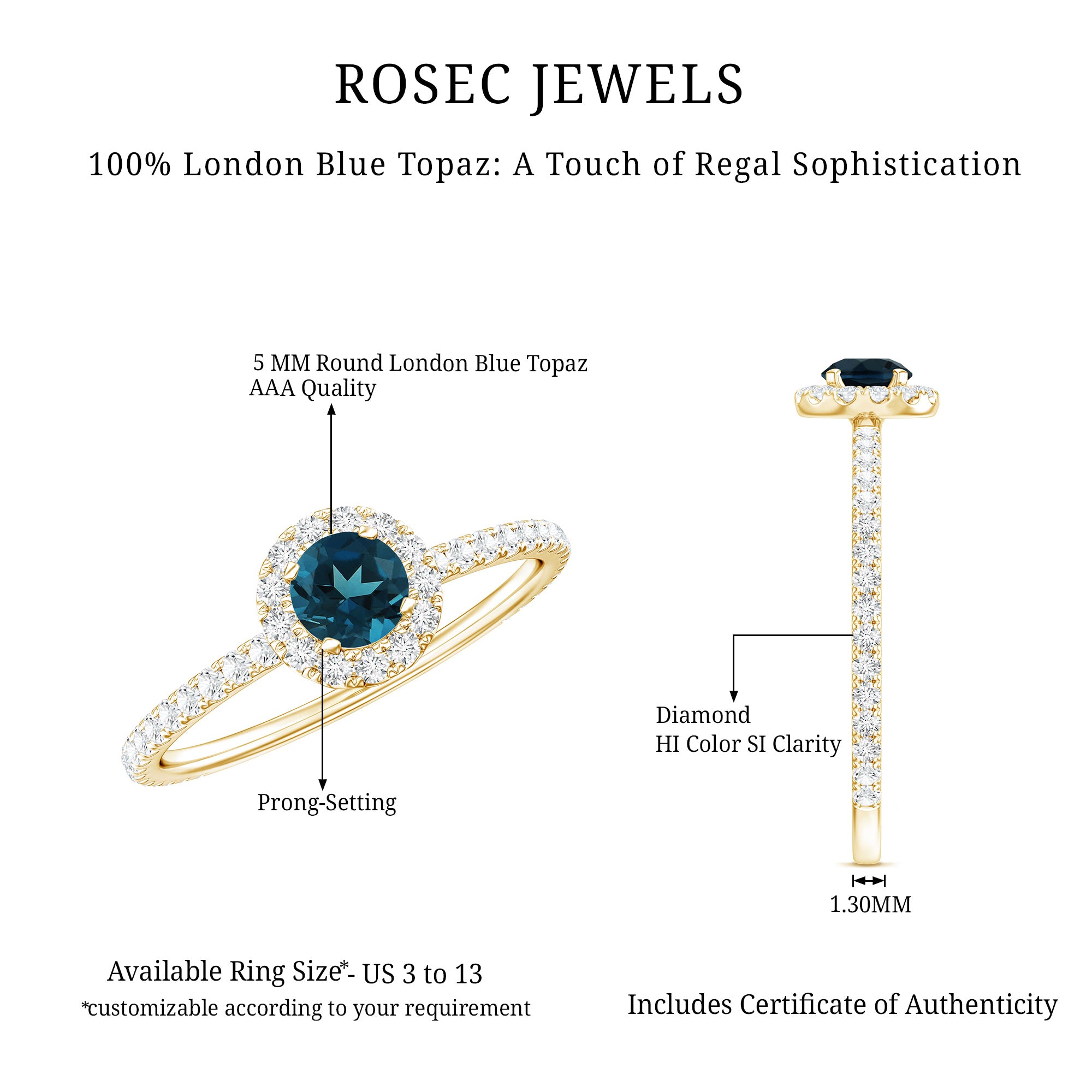 Rosec Jewels-Round Shaped Blue Topaz and Diamond Minimal Engagement Ring