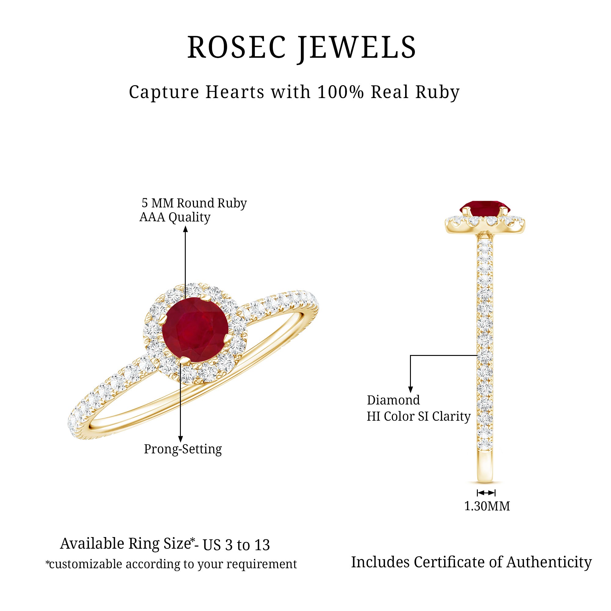 Real 0.6 Carat Ruby Engagement Ring with Diamond Halo AAA - Rosec Jewels