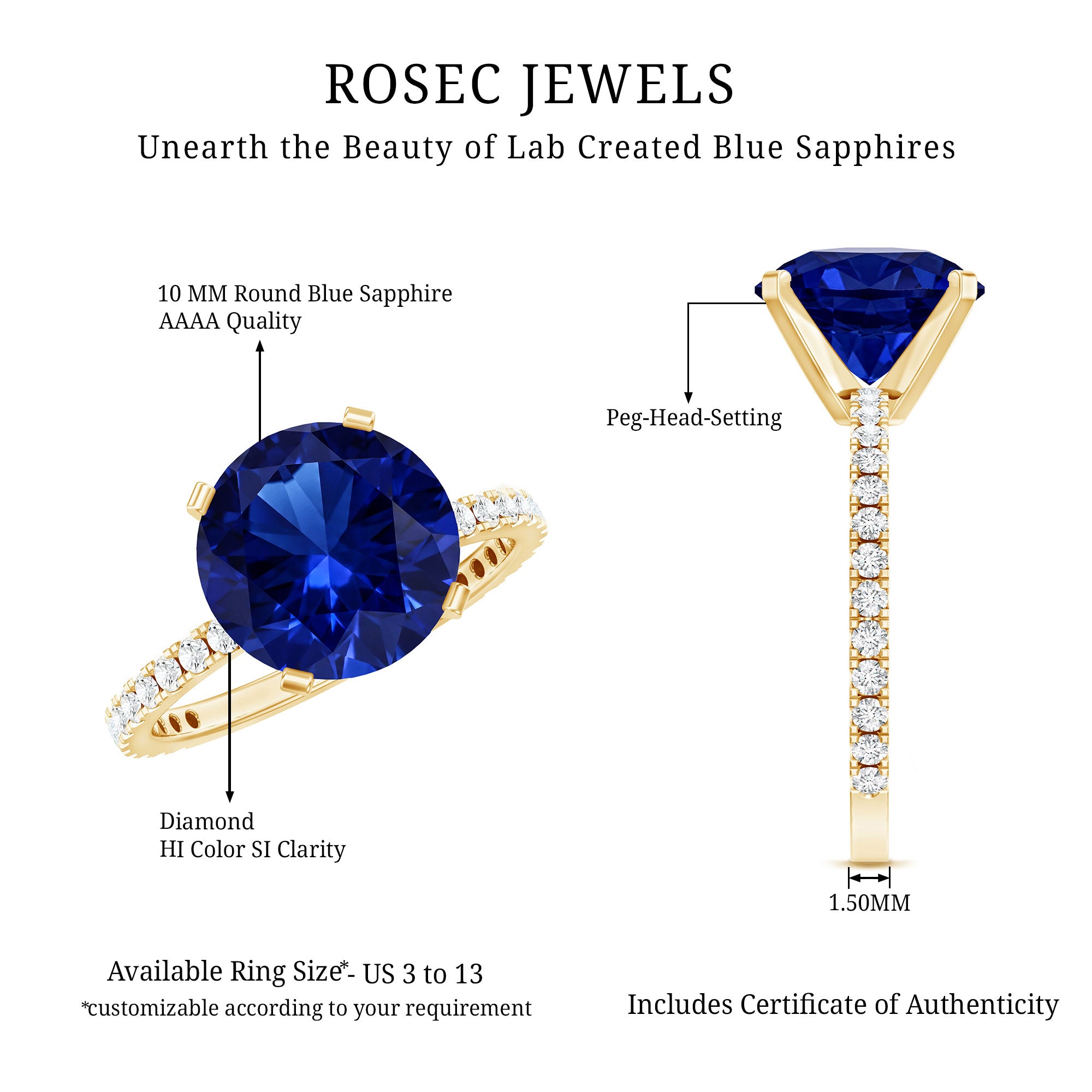 Certified 4.5 Carat Lab Grown Blue Sapphire Engagement Ring with Diamond AAAA - Rosec Jewels