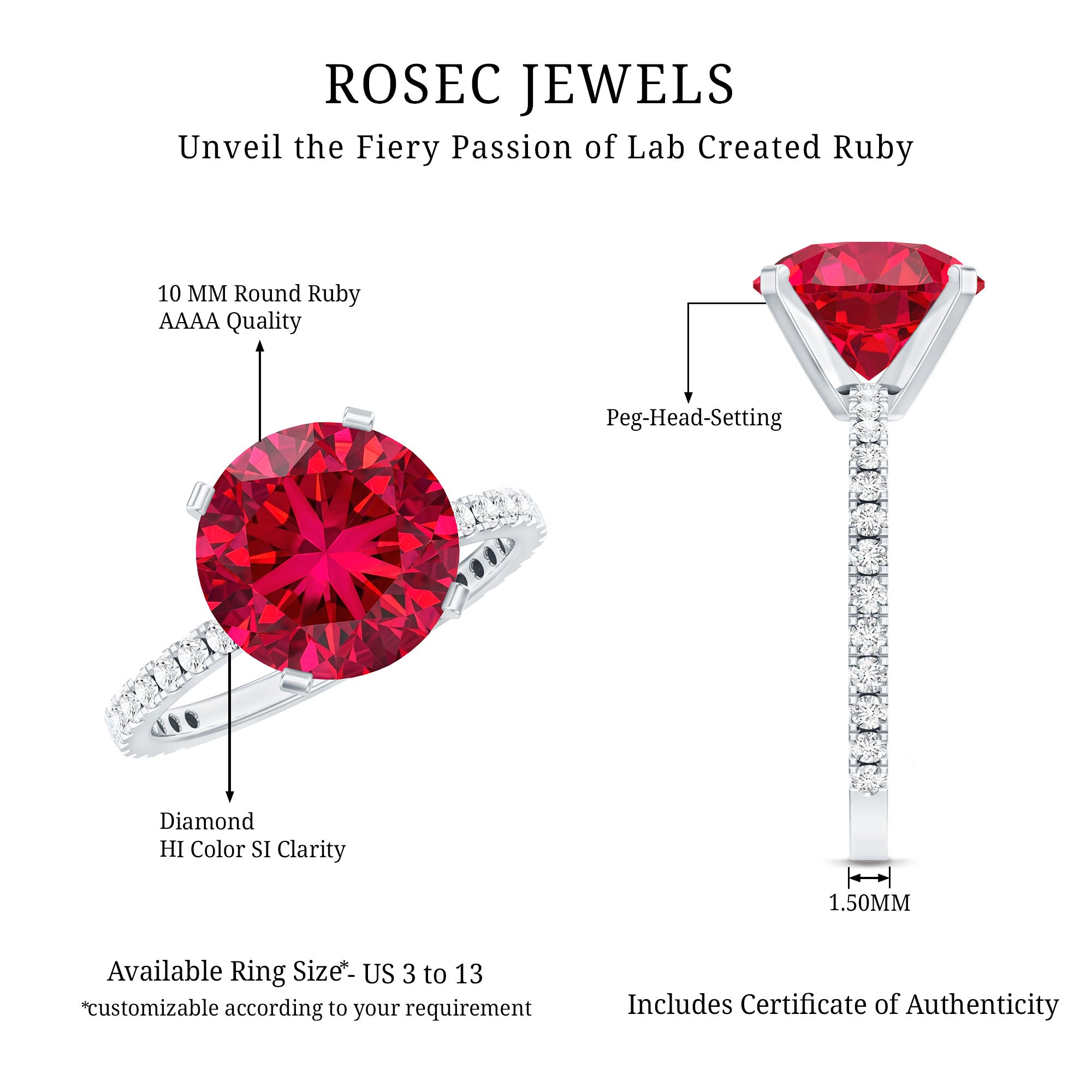 10 MM Lab Created Ruby Solitaire Engagement Ring With Real Diamonds AAAA - Rosec Jewels
