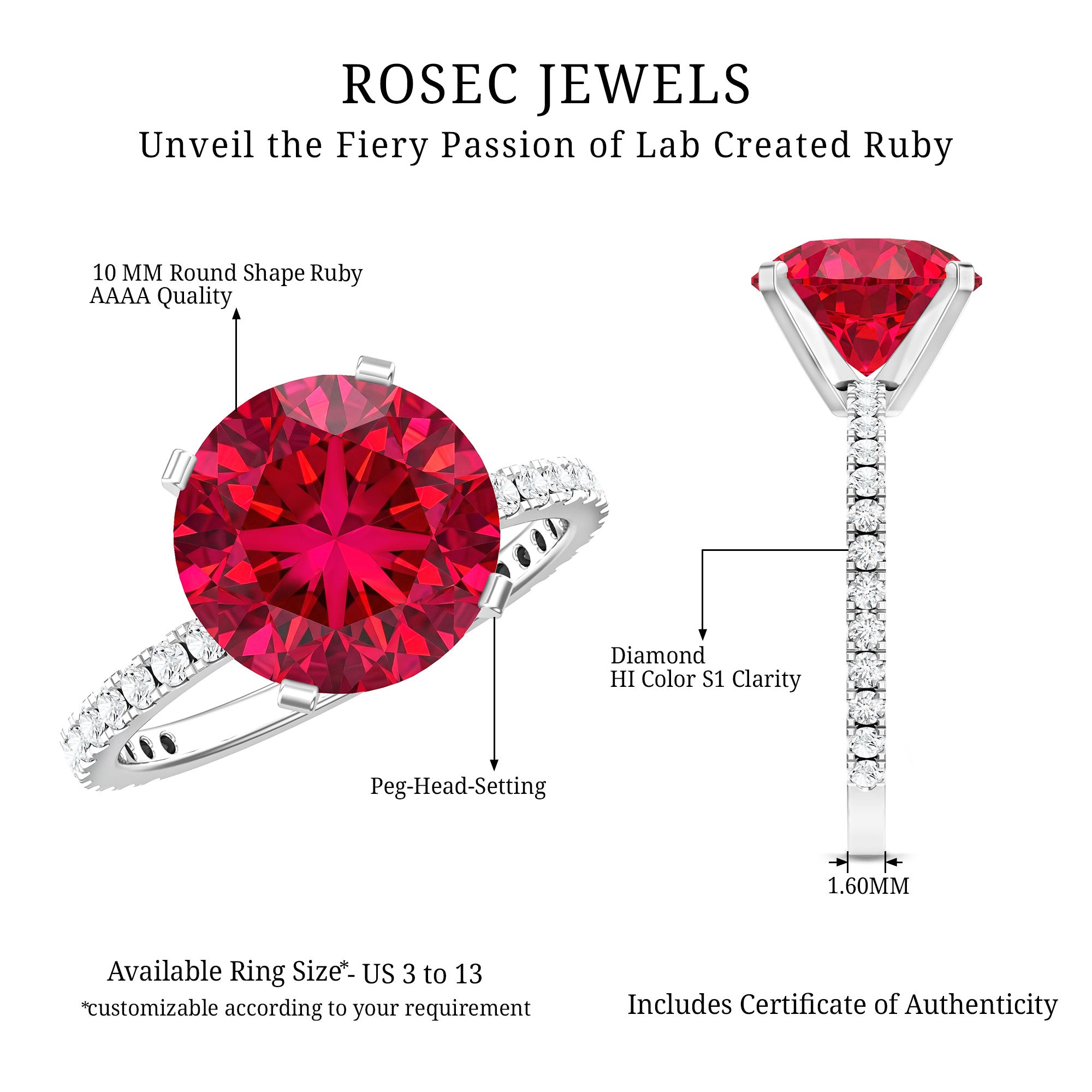 Round 5 Carat Lab Created Ruby Huge Engagement Ring with Diamond Side Stones AAAA - Rosec Jewels