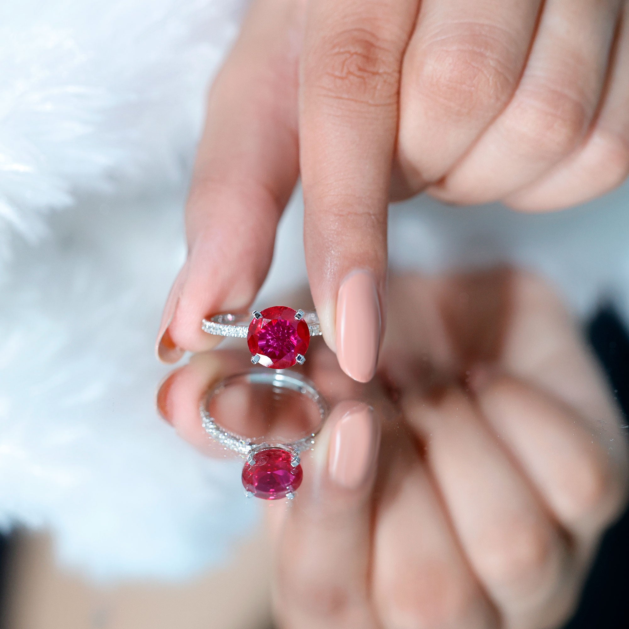 Round 5 Carat Lab Created Ruby Huge Engagement Ring with Diamond Side Stones AAAA - Rosec Jewels