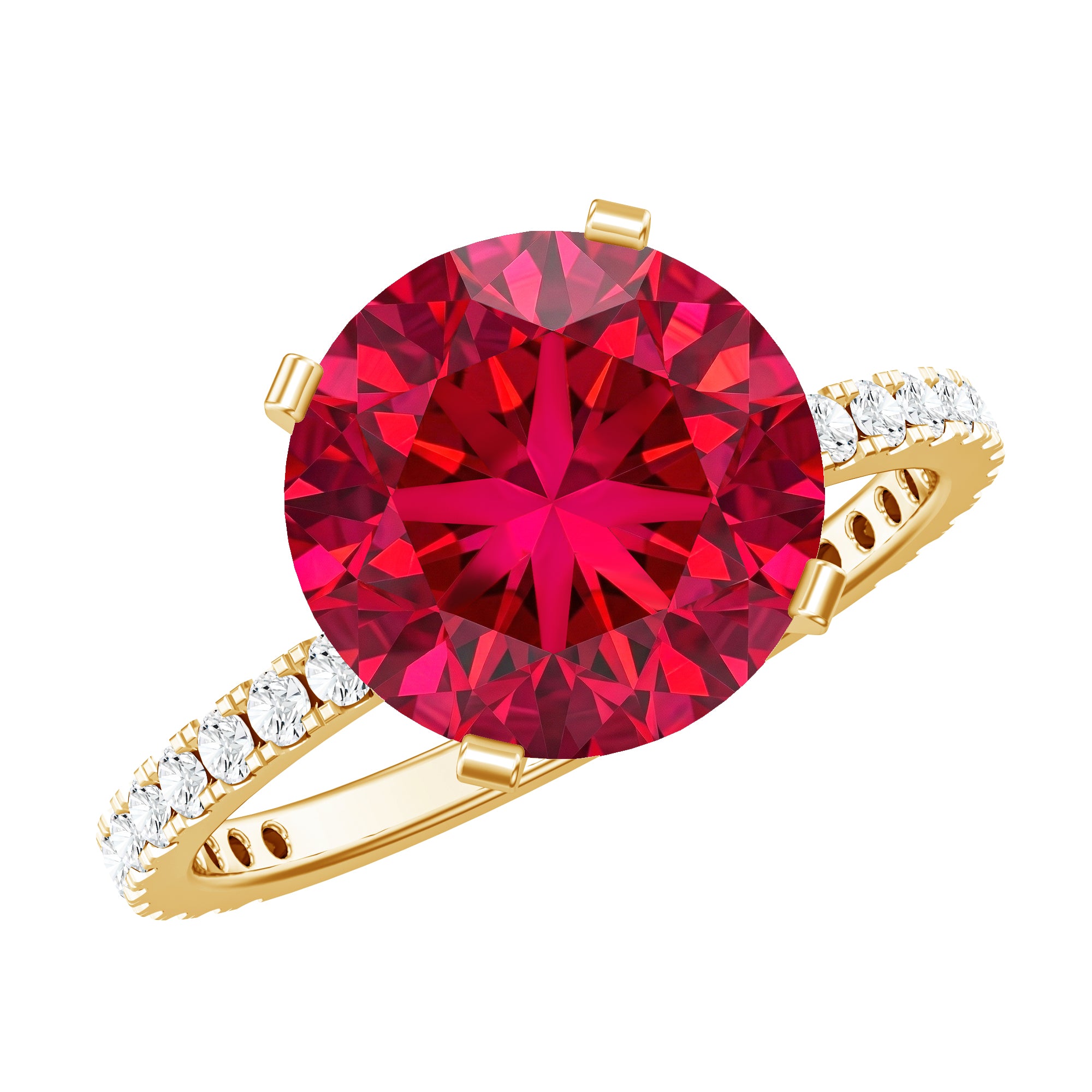Round 5 Carat Lab Created Ruby Huge Engagement Ring with Diamond Side Stones AAAA - Rosec Jewels