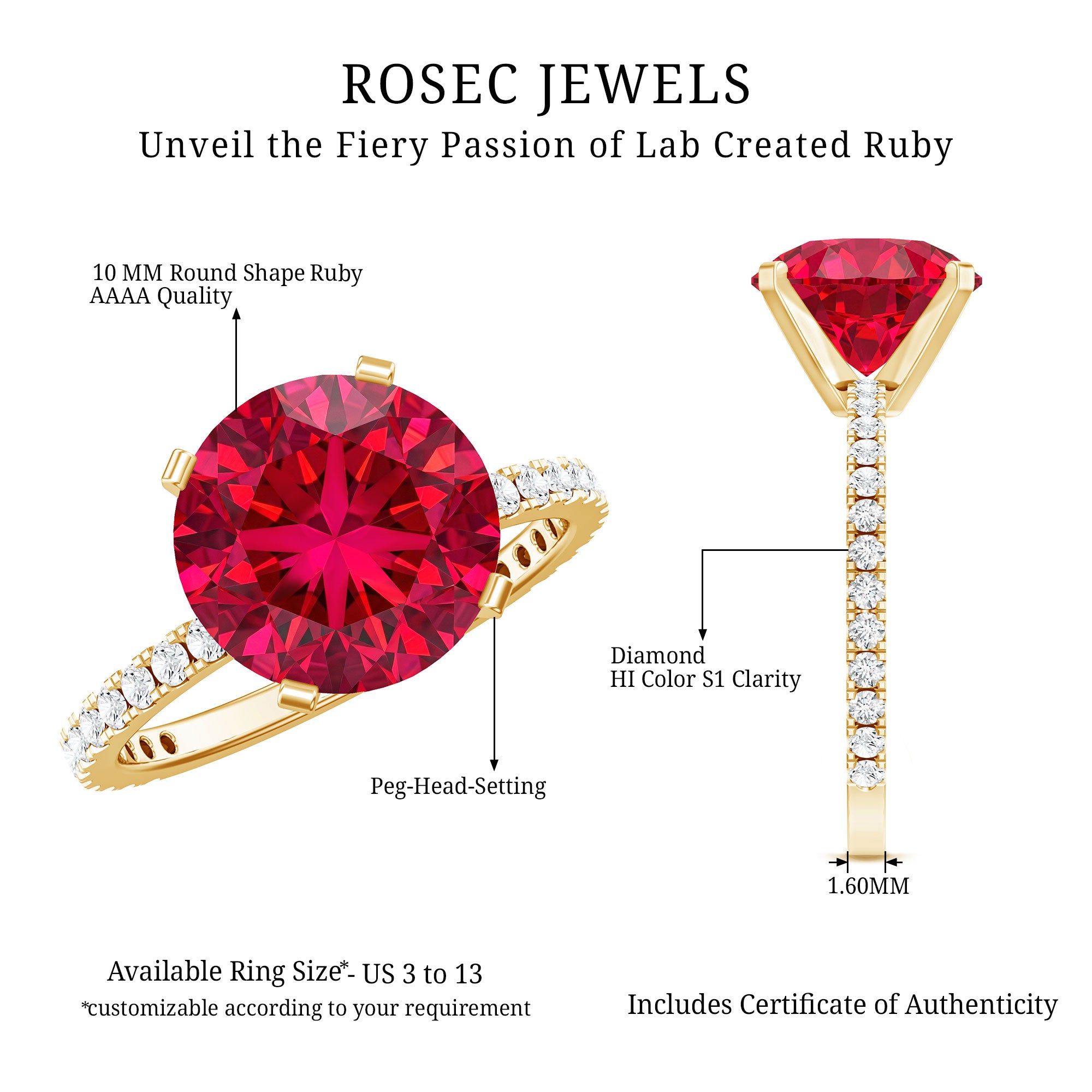 Round 5 Carat Lab Created Ruby Huge Engagement Ring with Diamond Side Stones AAAA - Rosec Jewels
