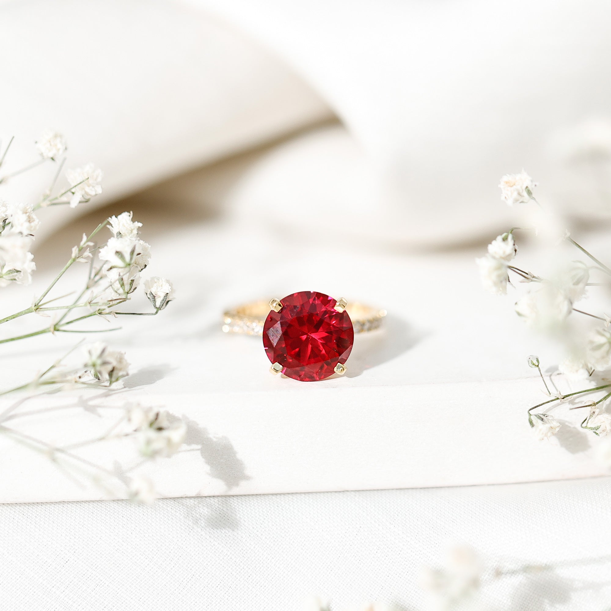 Round 5 Carat Lab Created Ruby Huge Engagement Ring with Diamond Side Stones AAAA - Rosec Jewels