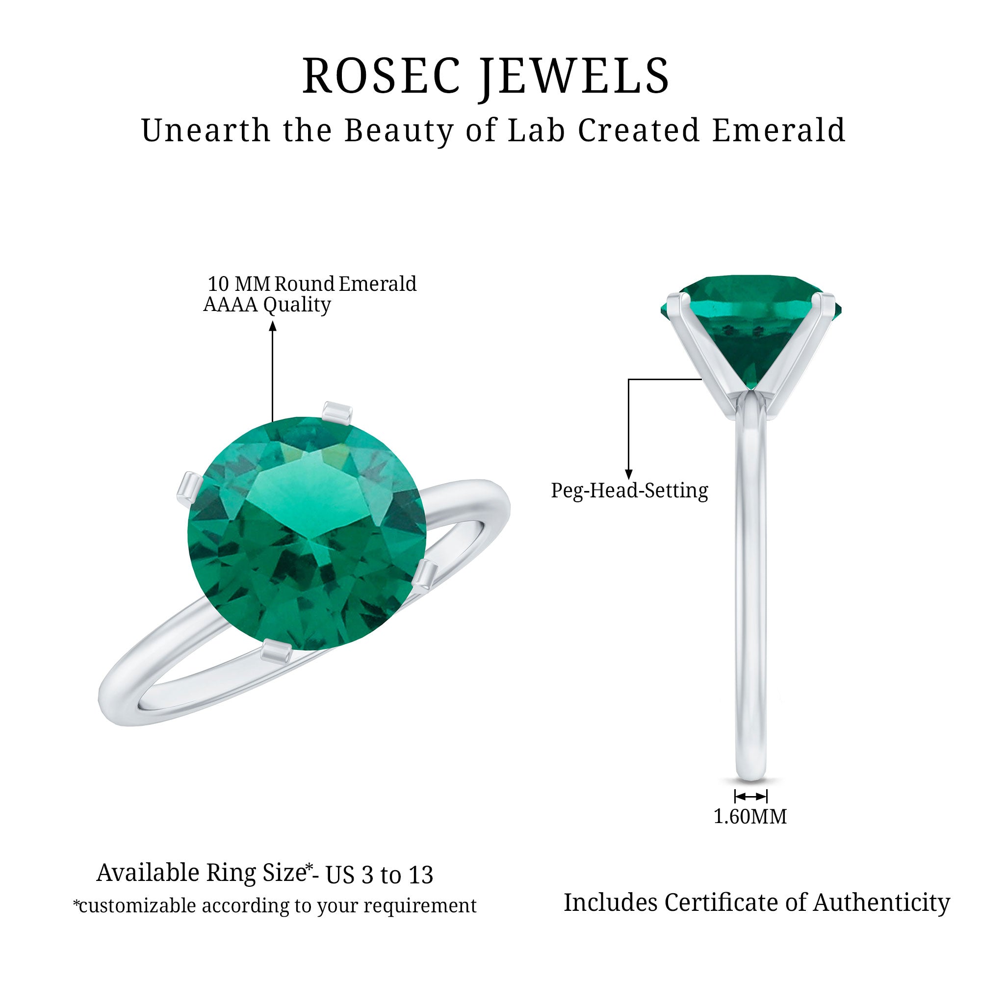 10mm Round Lab Created Emerald Solitaire Ring AAAA - Rosec Jewels