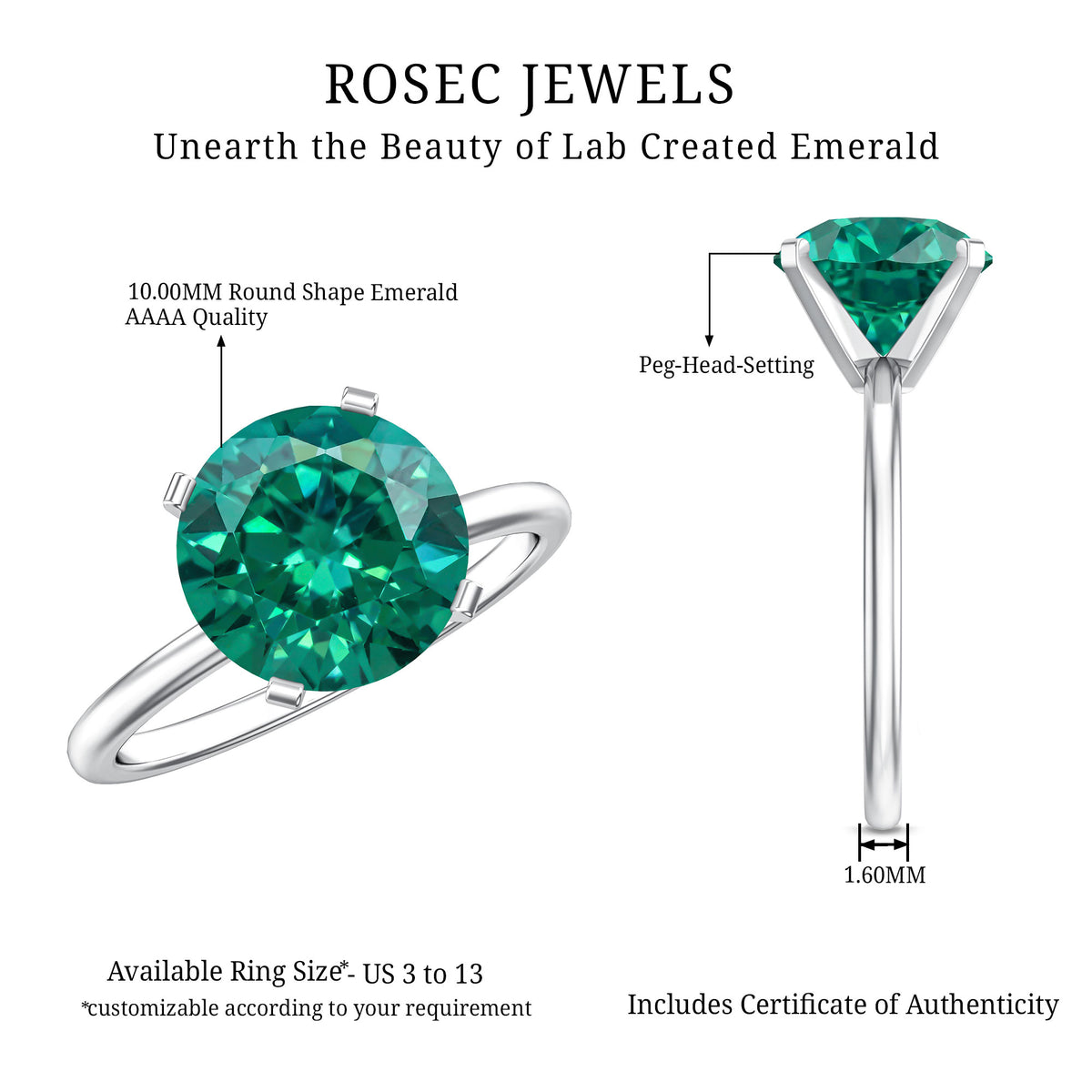 3.5 Carat Round Lab Created Emerald Solitaire Engagement Ring AAAA - Rosec Jewels