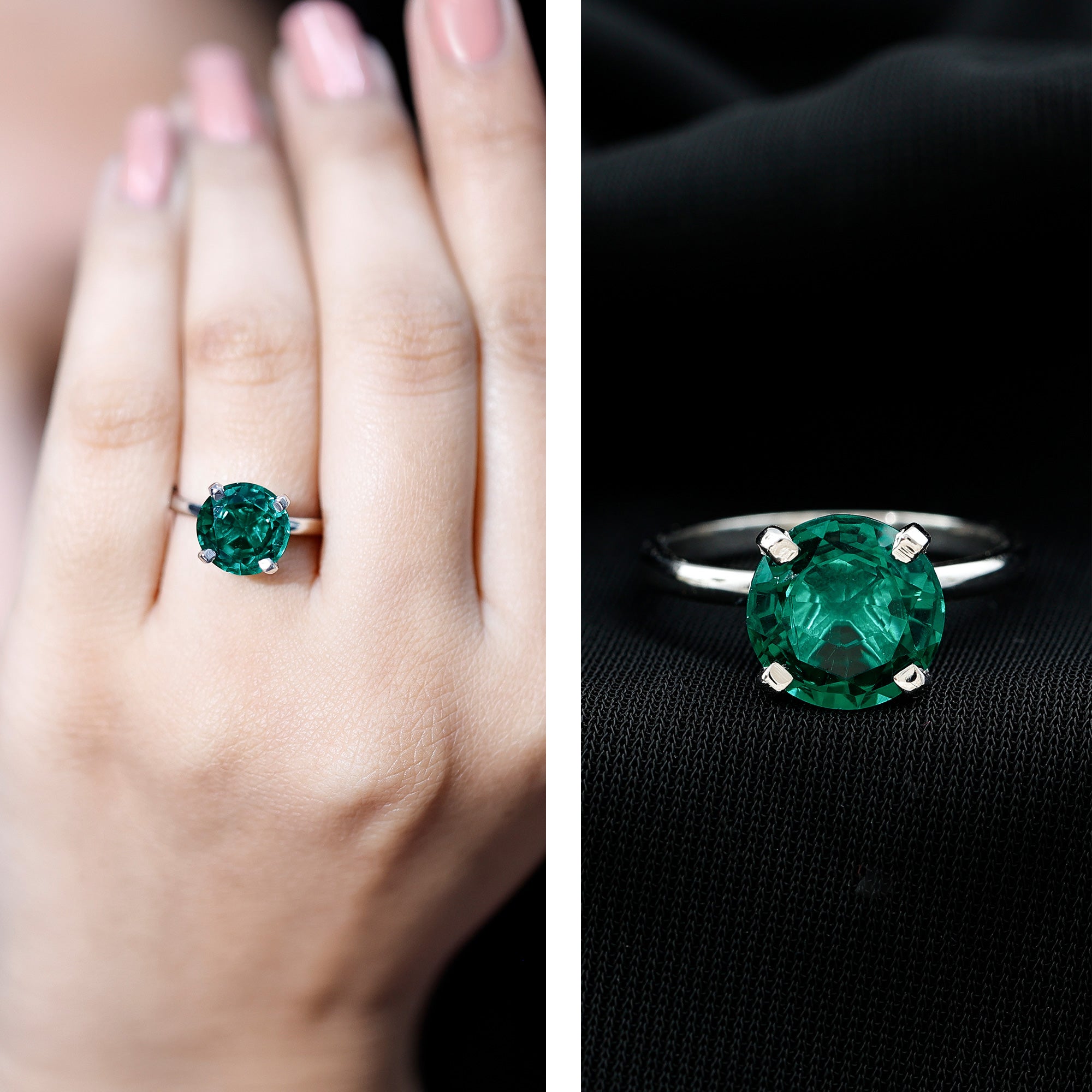 10mm Round Lab Created Emerald Solitaire Ring AAAA - Rosec Jewels
