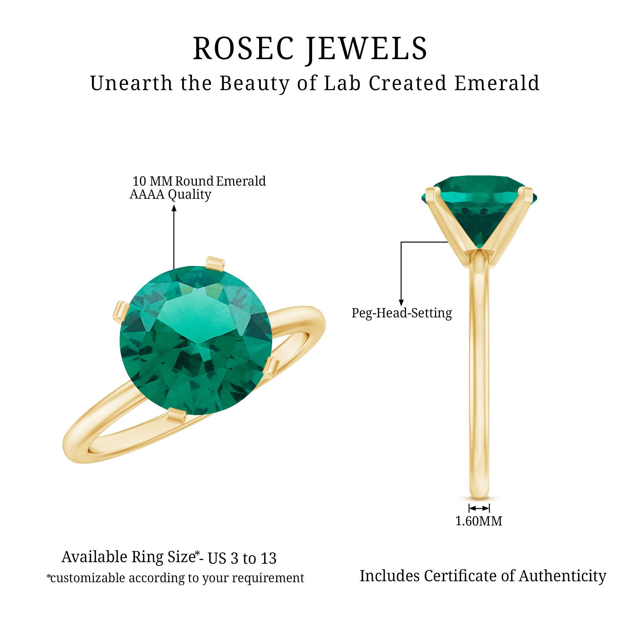 10mm Round Lab Created Emerald Solitaire Ring AAAA - Rosec Jewels