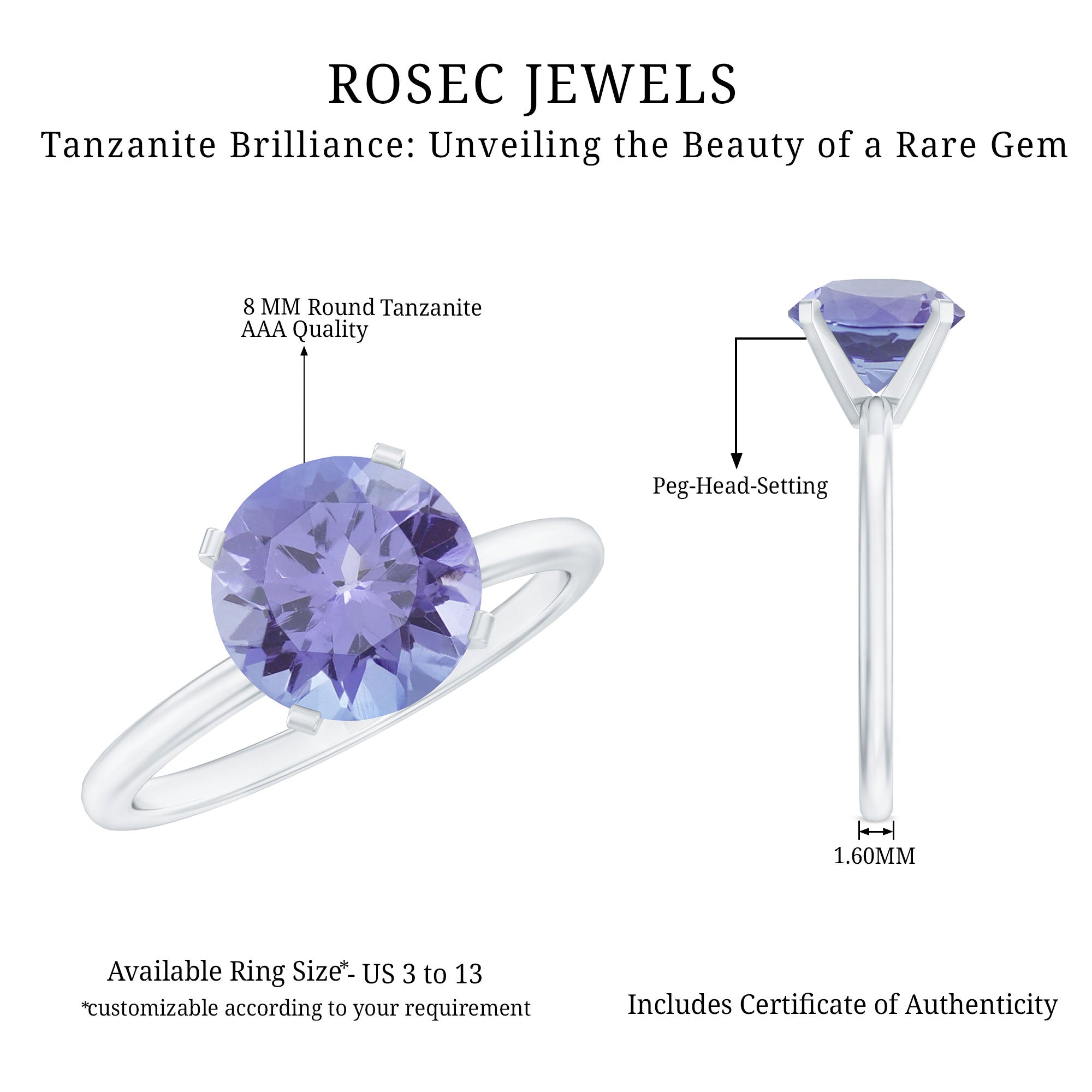 3 Carat Lab Grown Tanzanite Solitaire Engagement Ring AAAA - Rosec Jewels