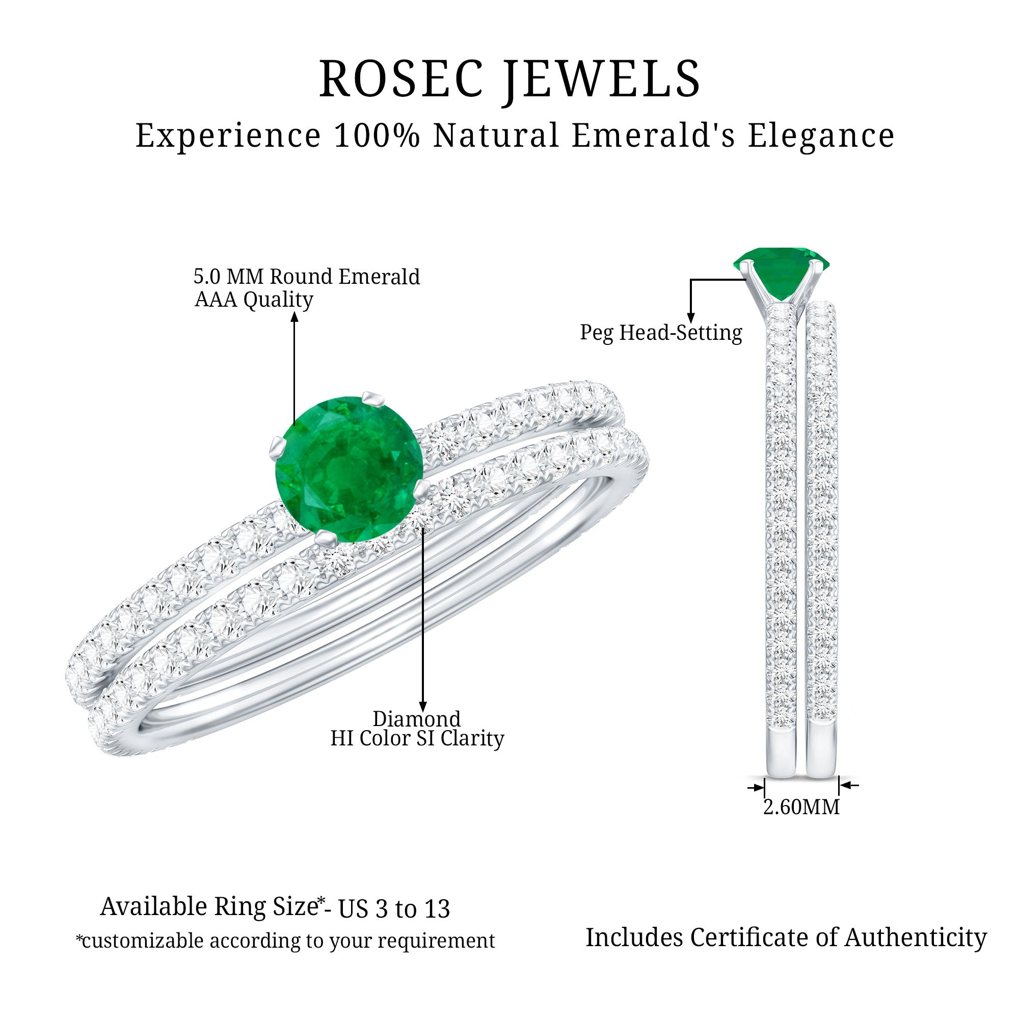 0.4 Carat Minimal Emerald Diamond Wedding Engagement Ring Set of 2 AAA - Rosec Jewels