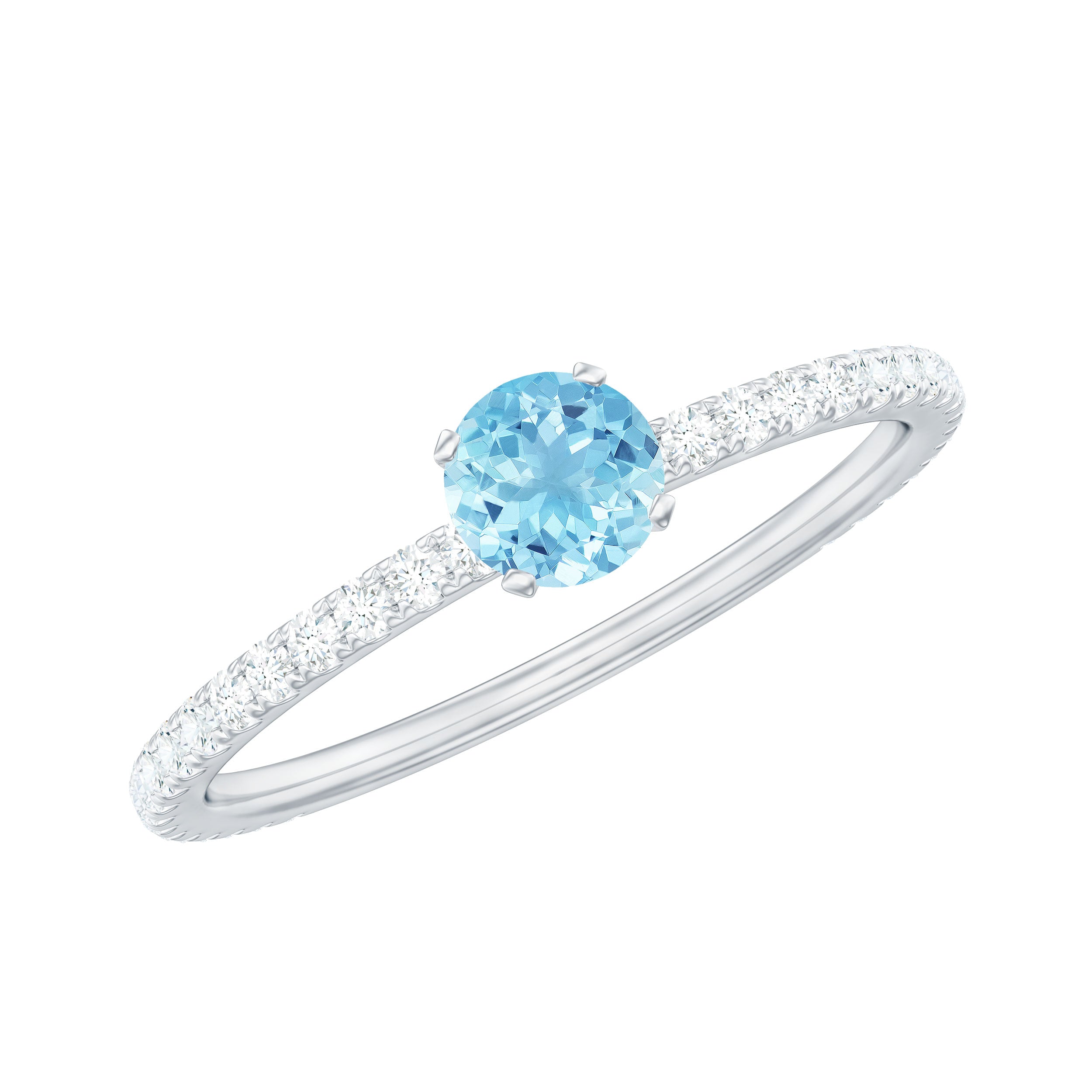 Bague solitaire délicate aigue-marine avec diamants sertis pavé français