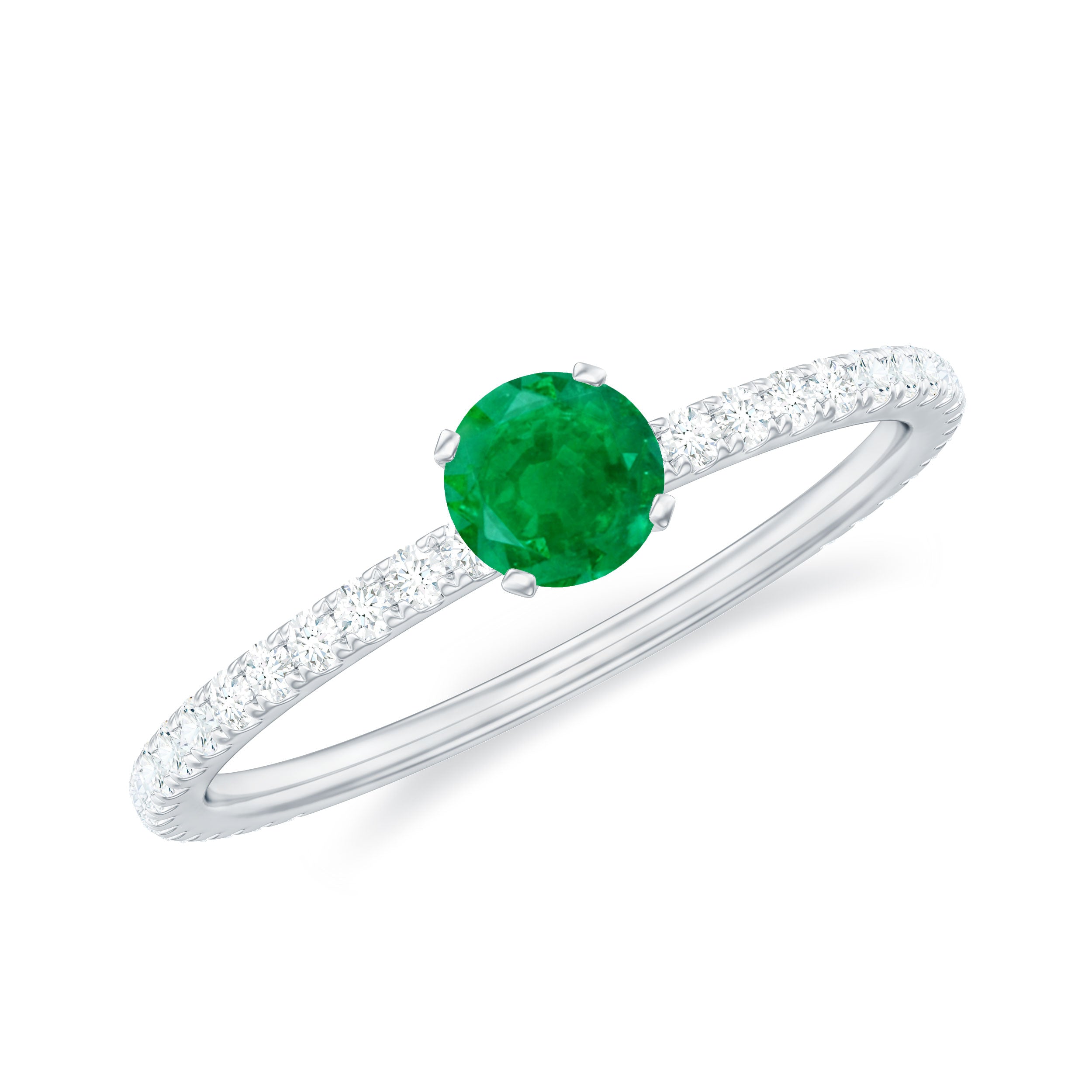 Rosec Jewels-4 MM Emerald Dainty Solitaire Ring with French Pave Set Diamond
