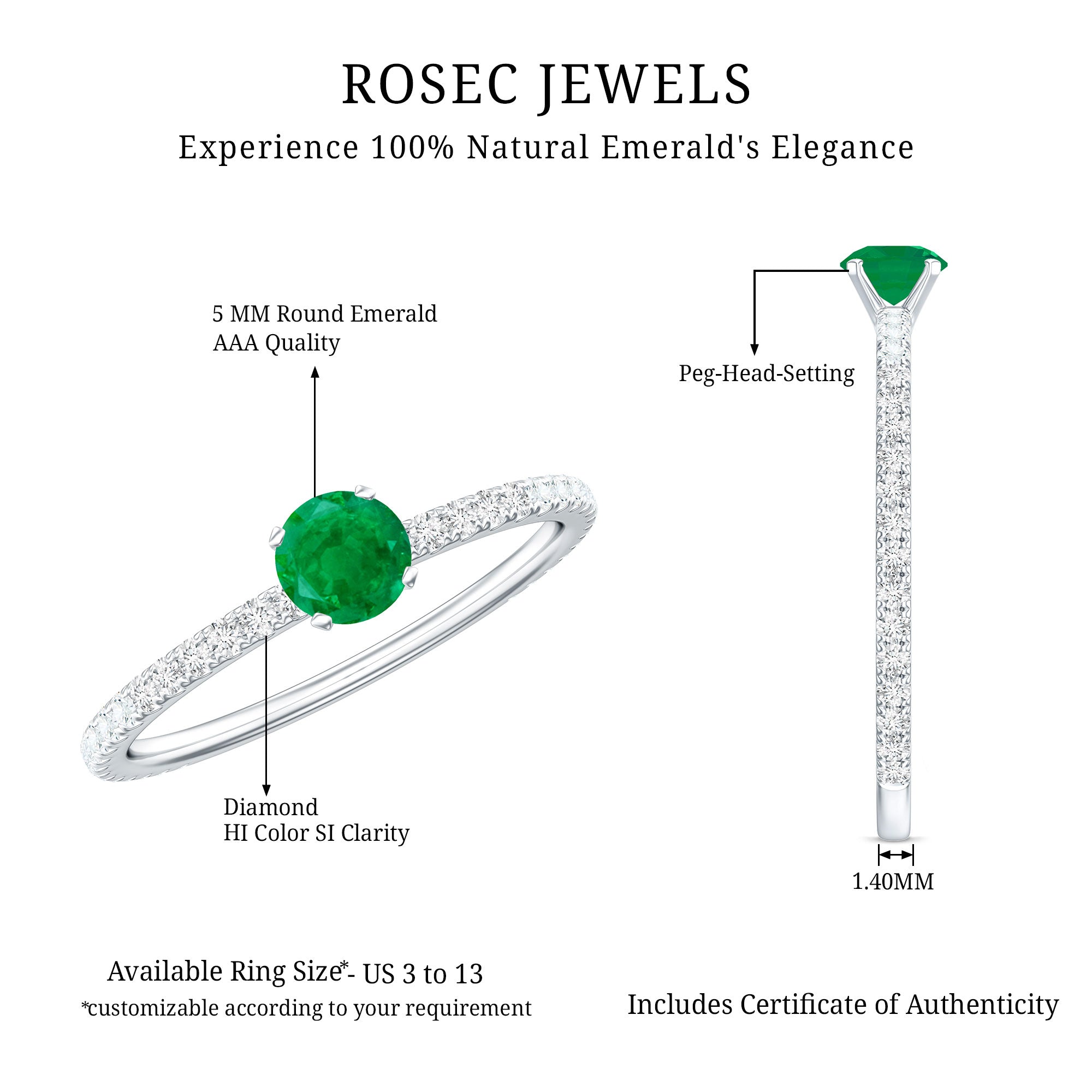 0.49 Carat Emerald Dainty Solitaire Ring with French Pave Set Diamond AAA - Rosec Jewels