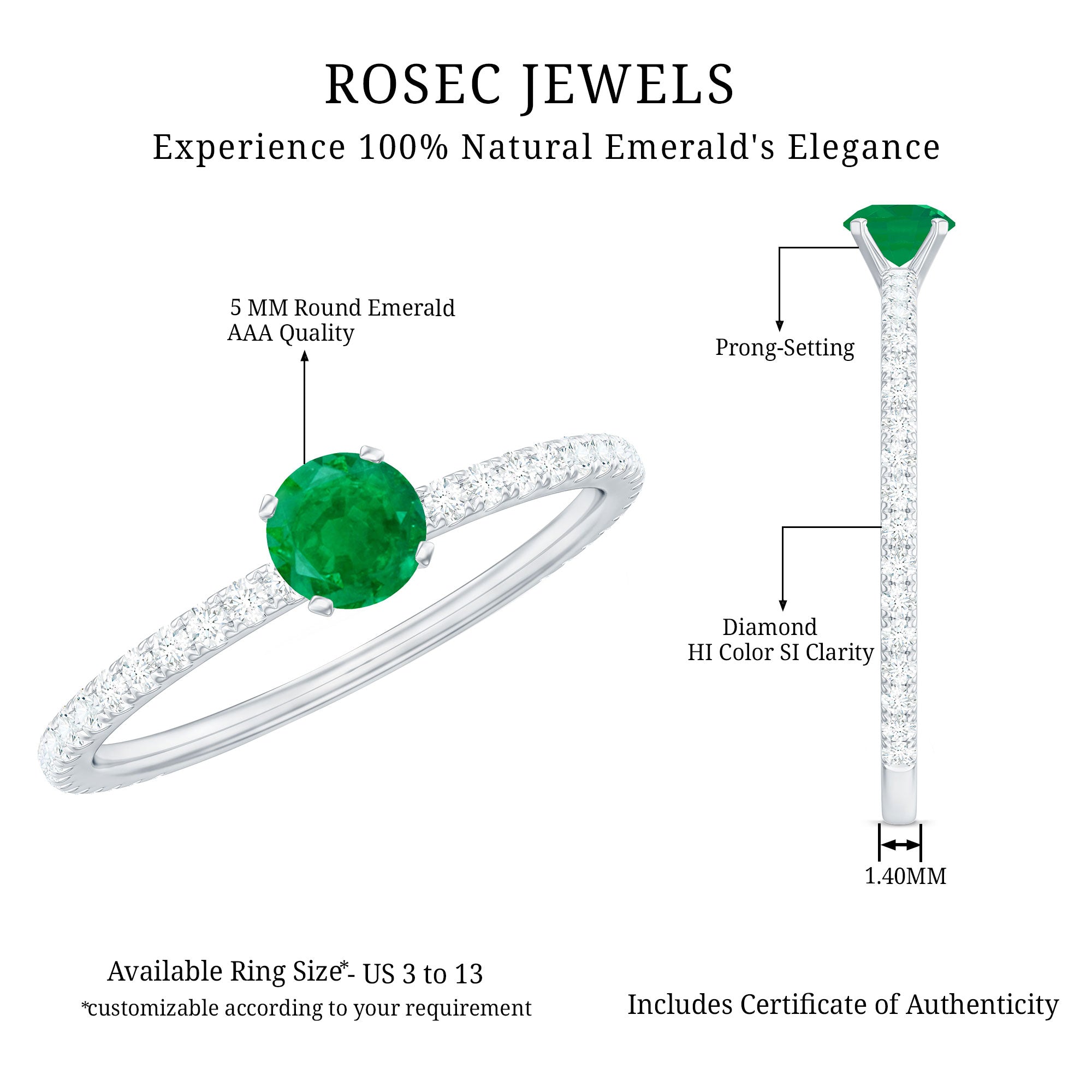 Rosec Jewels-4 MM Emerald Dainty Solitaire Ring with French Pave Set Diamond