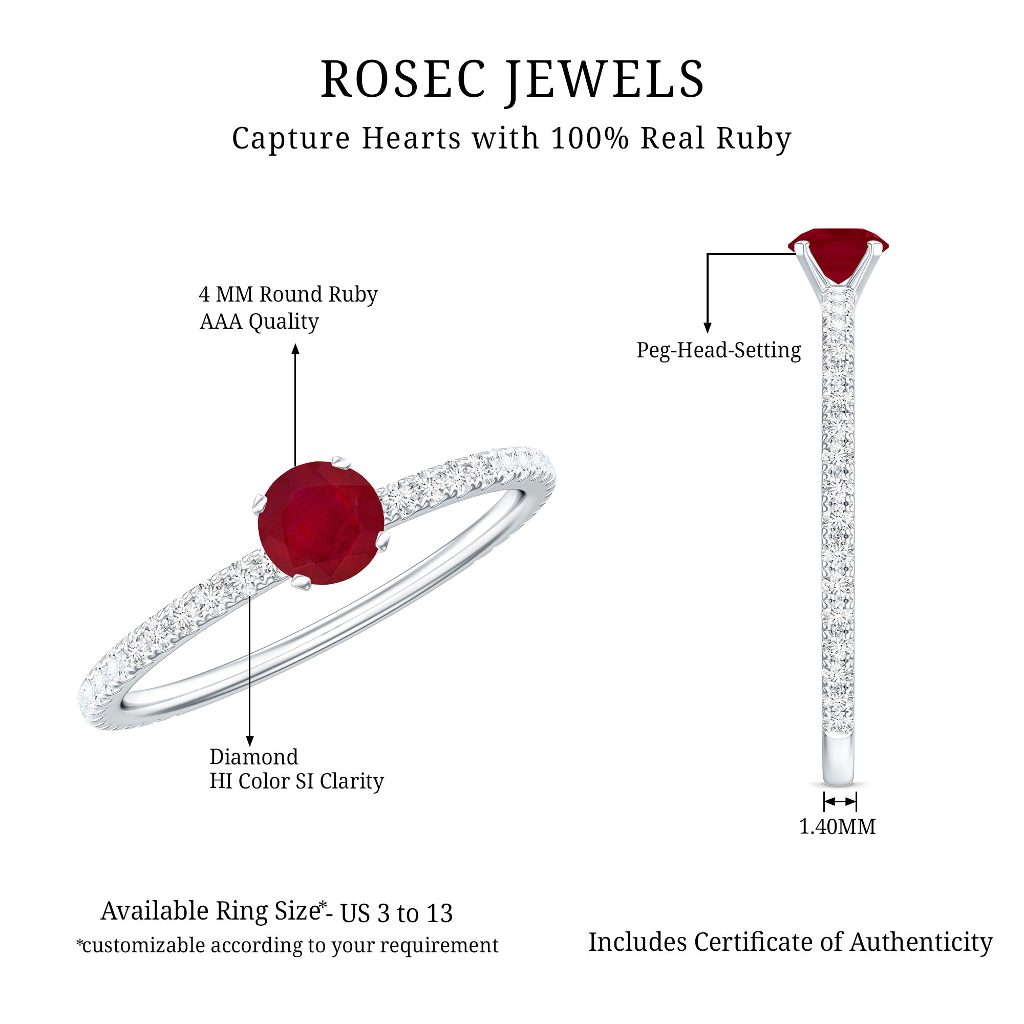 Natural Ruby Promise Ring with Diamond for Women AAA - Rosec Jewels