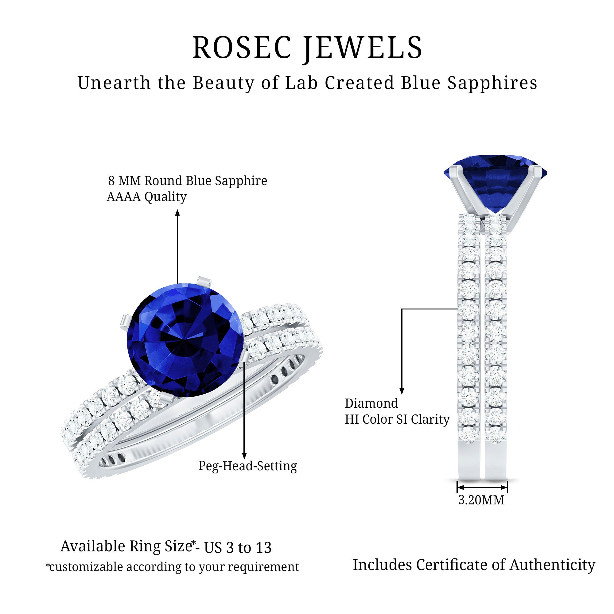 Round Lab Grown Blue Sapphire Solitaire Ring Set with Diamond AAAA - Rosec Jewels