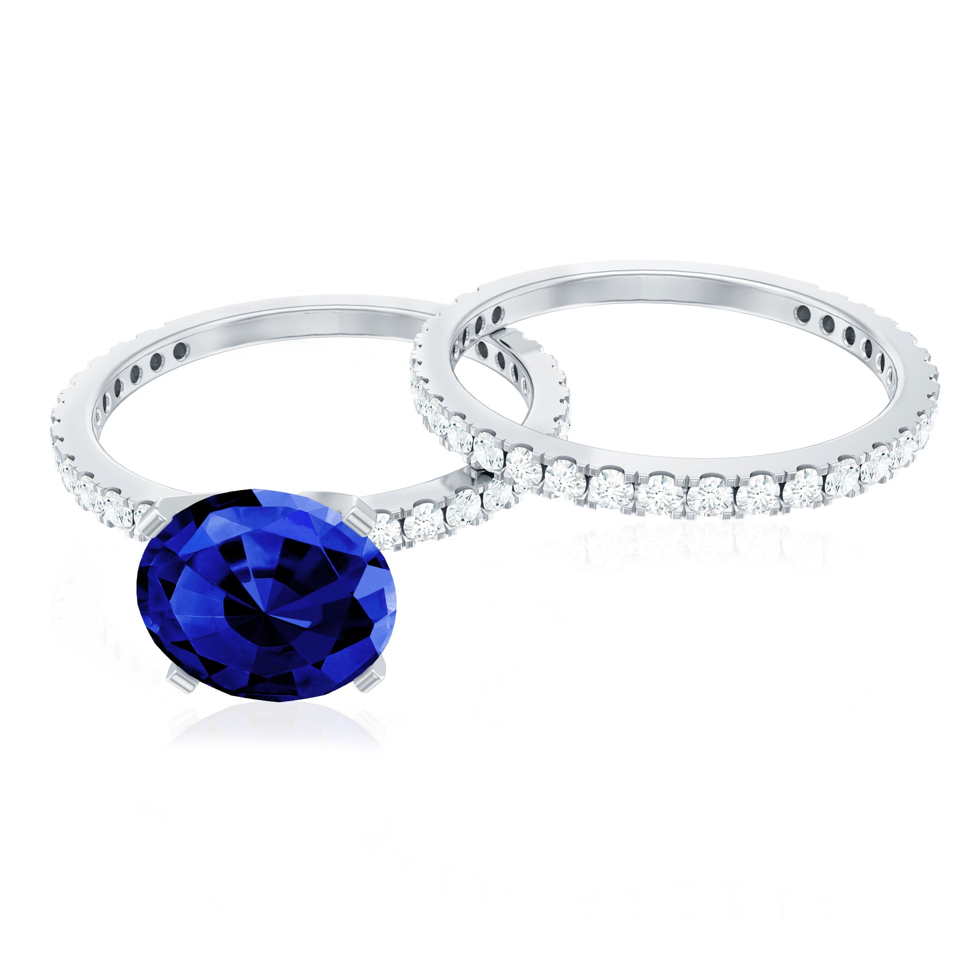 Round Lab Grown Blue Sapphire Solitaire Ring Set with Diamond AAAA - Rosec Jewels