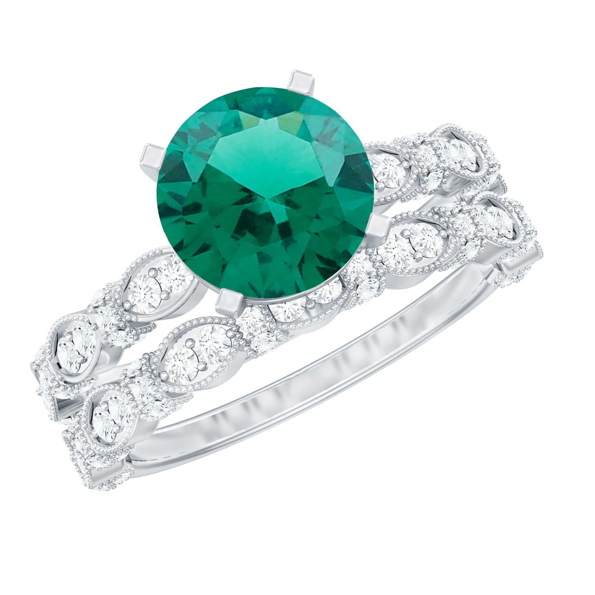 8 mm Round Lab Created Emerald and Moissanite Vintage Inspired Ring Set