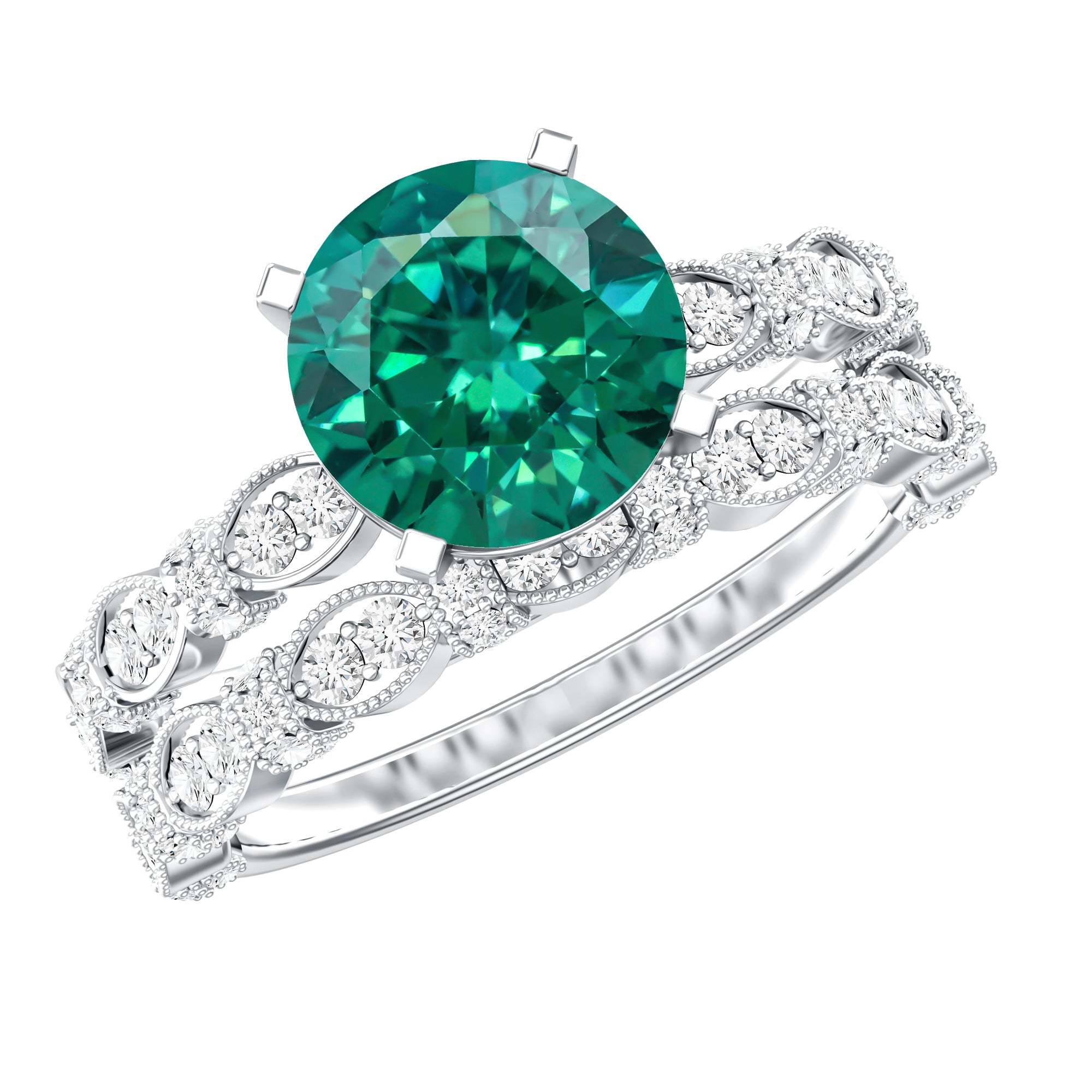 8 mm Round Lab Created Emerald and Moissanite Vintage Inspired Ring Set AAAA - Rosec Jewels