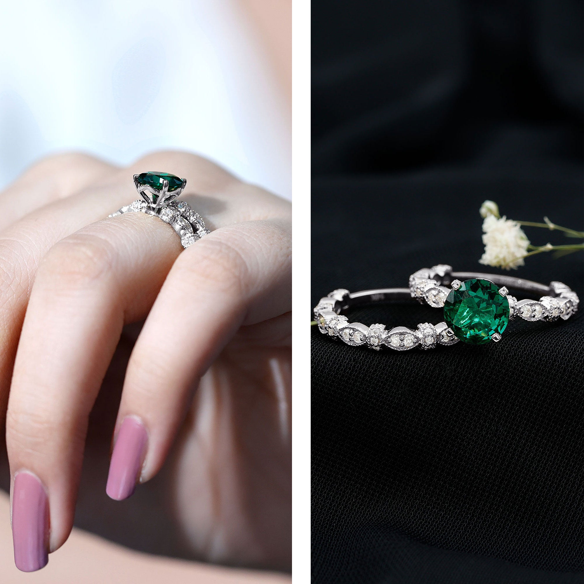 8 mm Round Lab Created Emerald and Moissanite Vintage Inspired Ring Set AAAA - Rosec Jewels