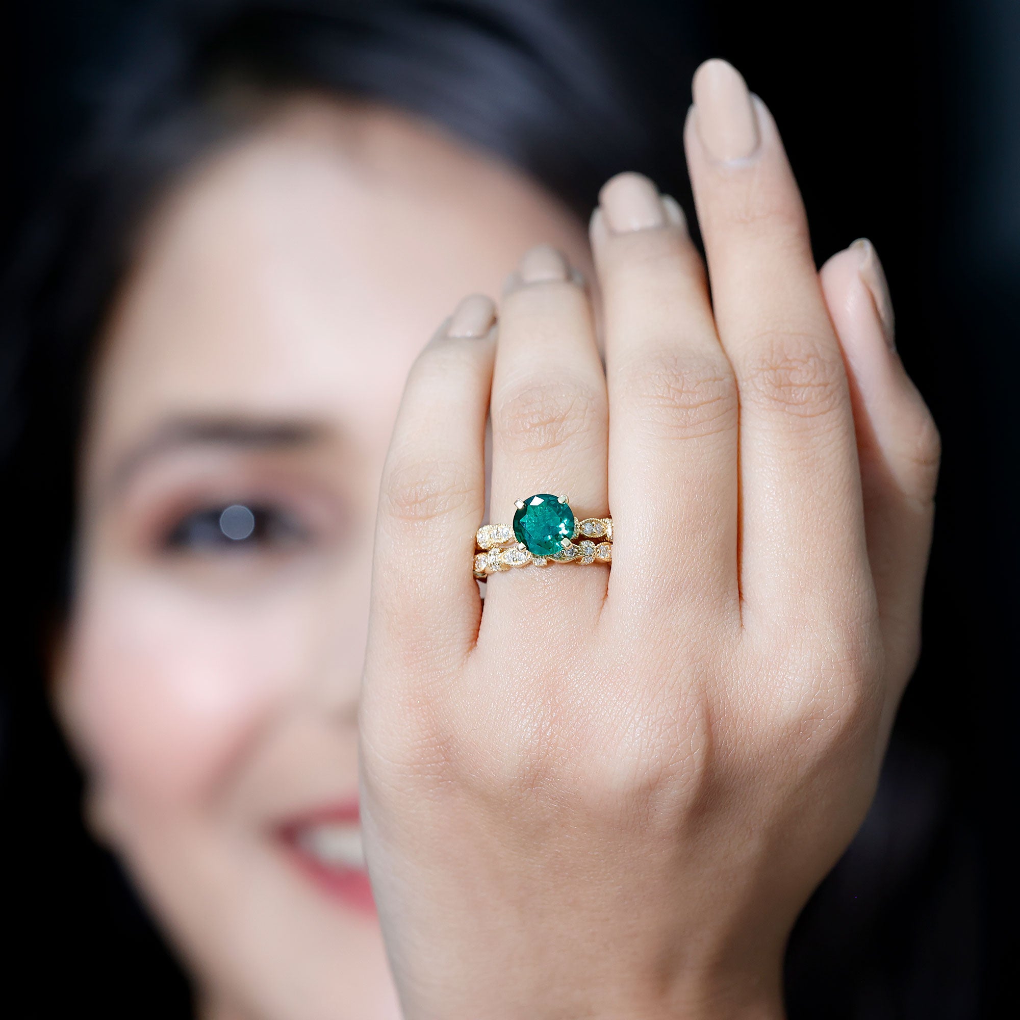 8 mm Round Lab Created Emerald and Moissanite Vintage Inspired Ring Set AAAA - Rosec Jewels