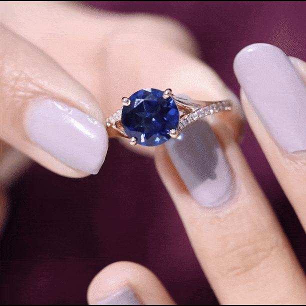 8mm Round Lab Grown Blue Sapphire Engagement Ring with Diamond Split Shank AAAA - Rosec Jewels