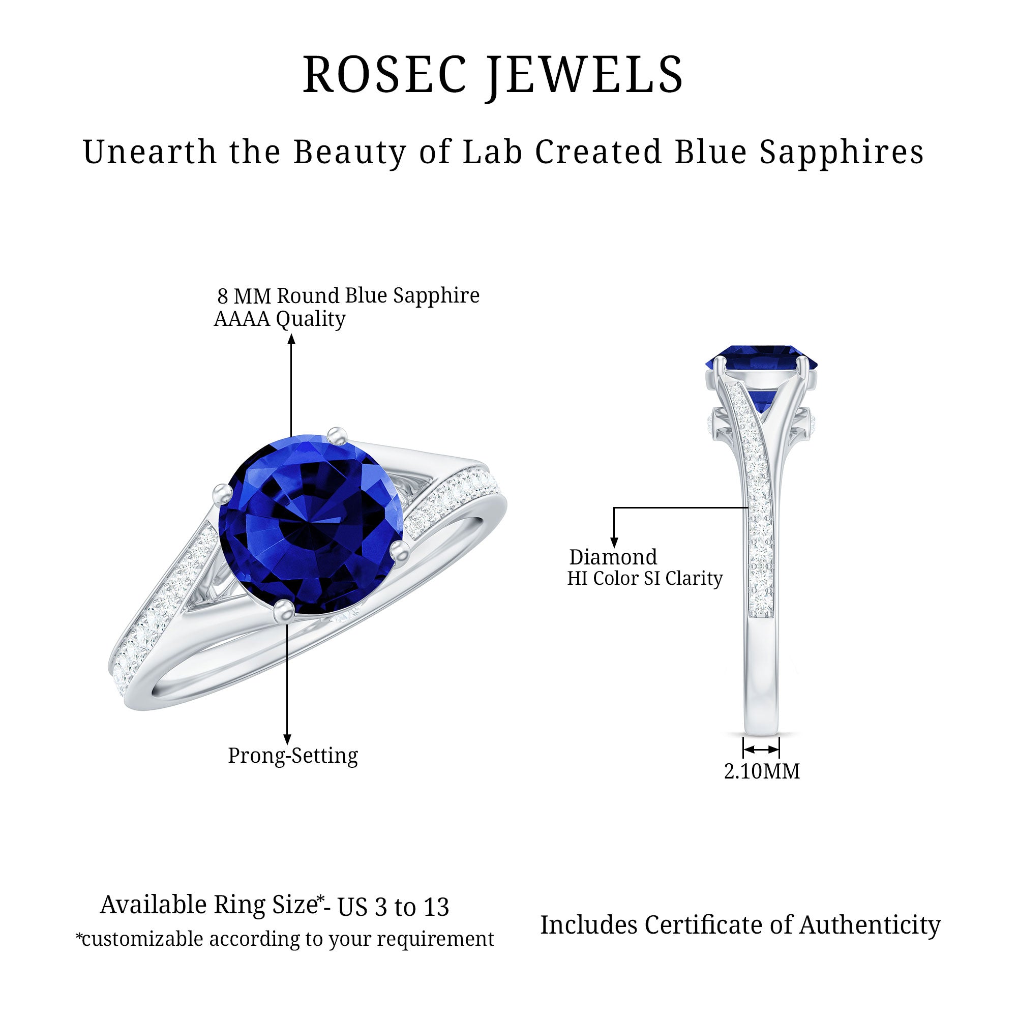 8mm Round Lab Grown Blue Sapphire Engagement Ring with Diamond Split Shank AAAA - Rosec Jewels