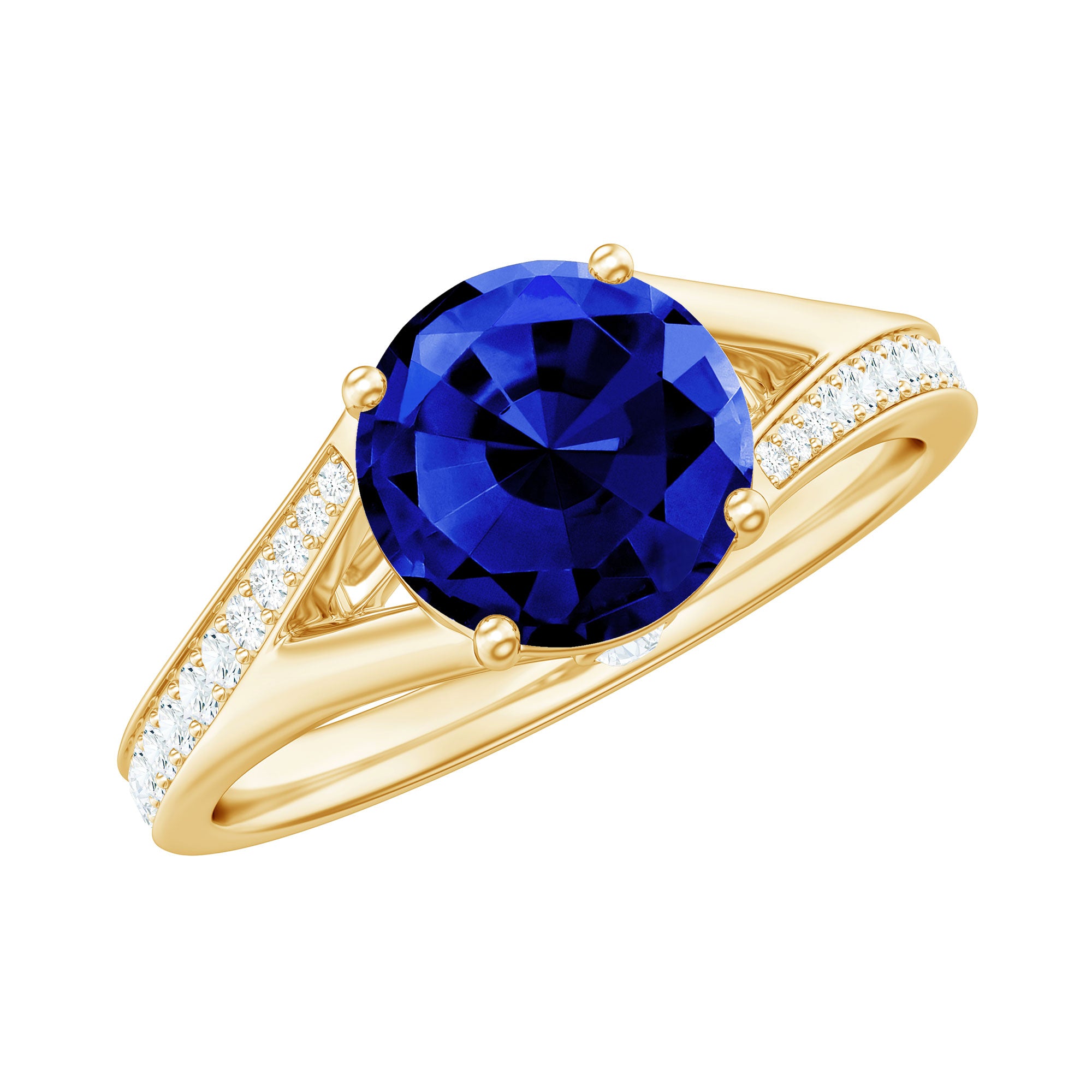 8mm Round Lab Grown Blue Sapphire Engagement Ring with Diamond Split Shank AAAA - Rosec Jewels
