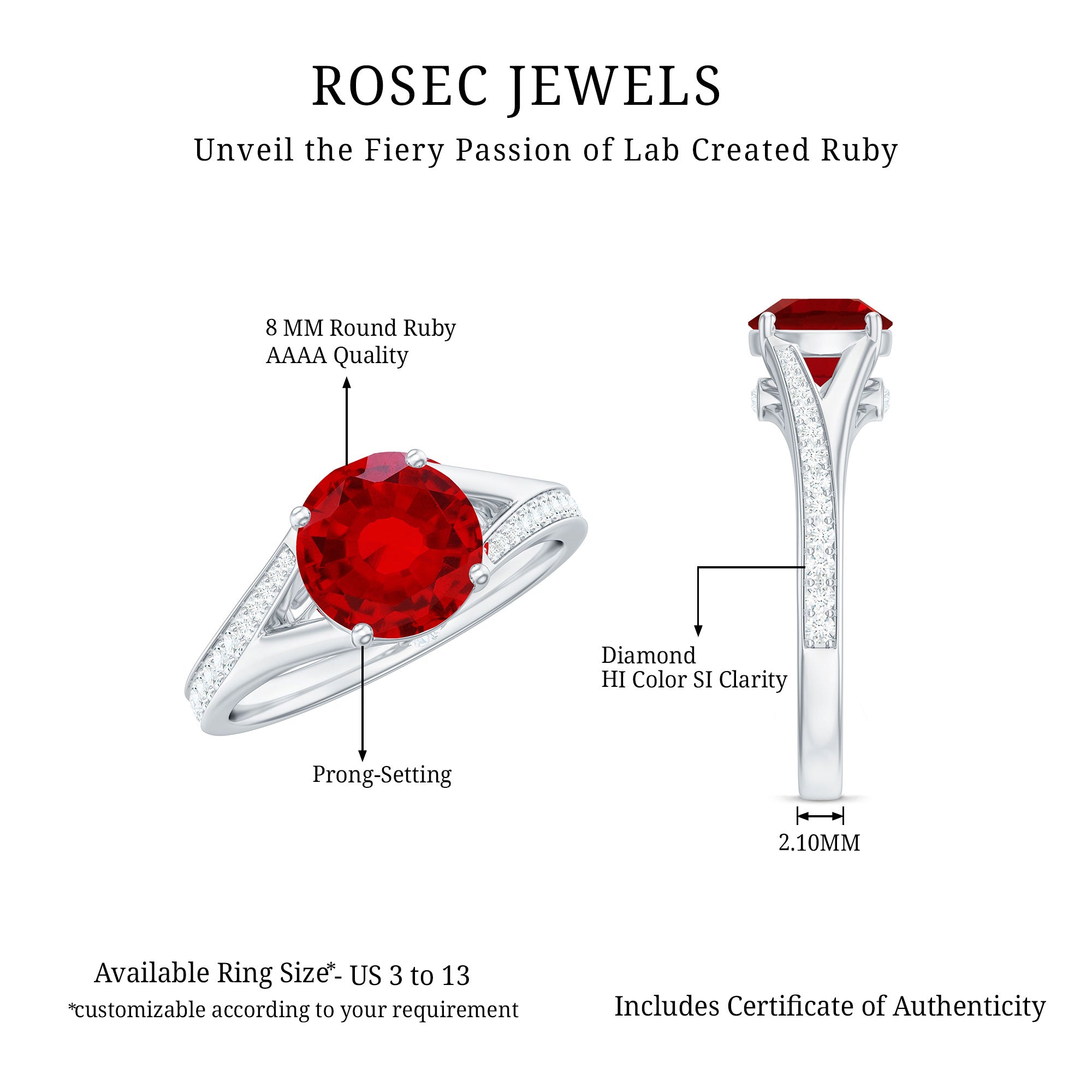 Rosec Jewels-Lab Created Ruby and Diamond Engagement Ring in Split Shank