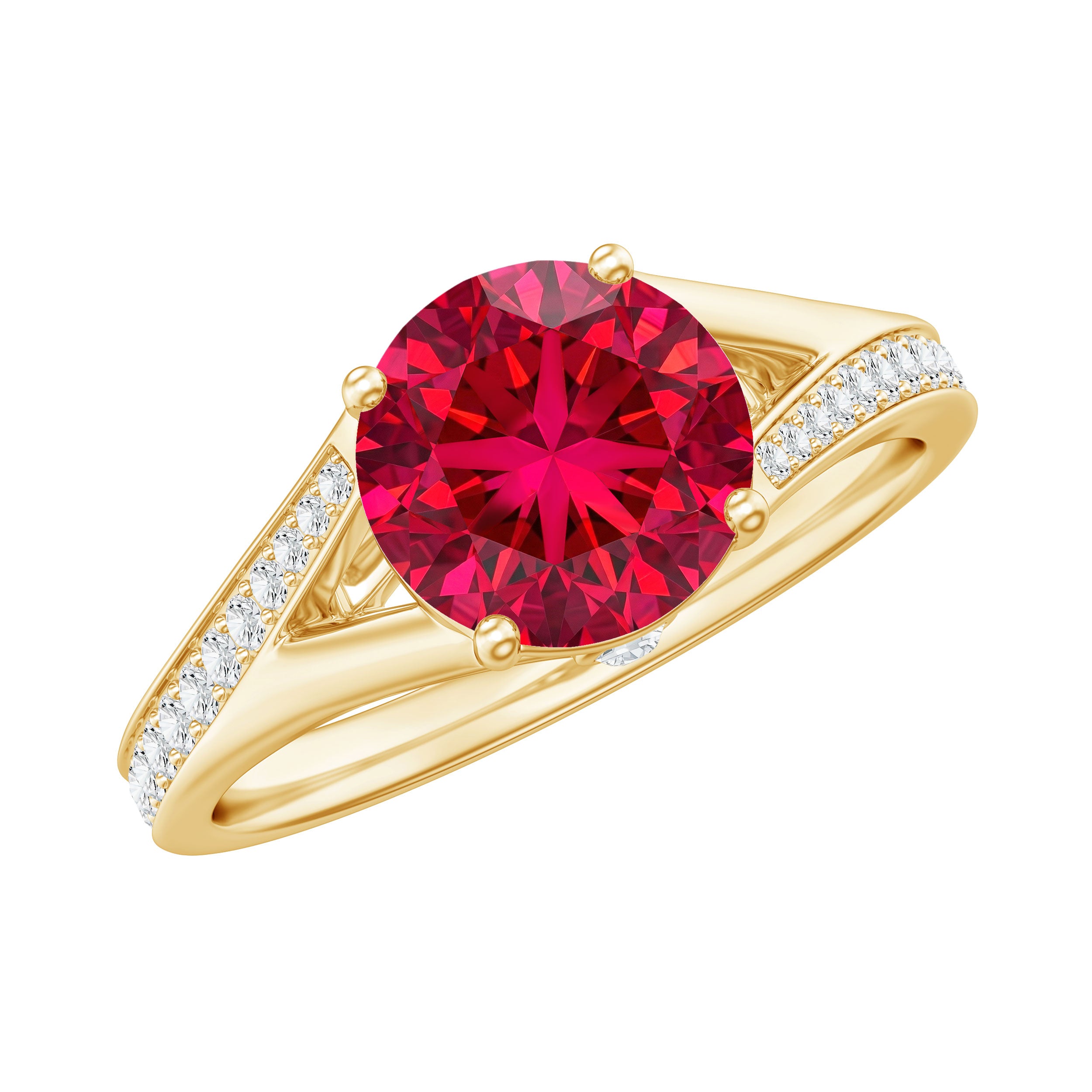 Lab Created Ruby and Diamond Engagement Ring in Split Shank AAAA - Rosec Jewels