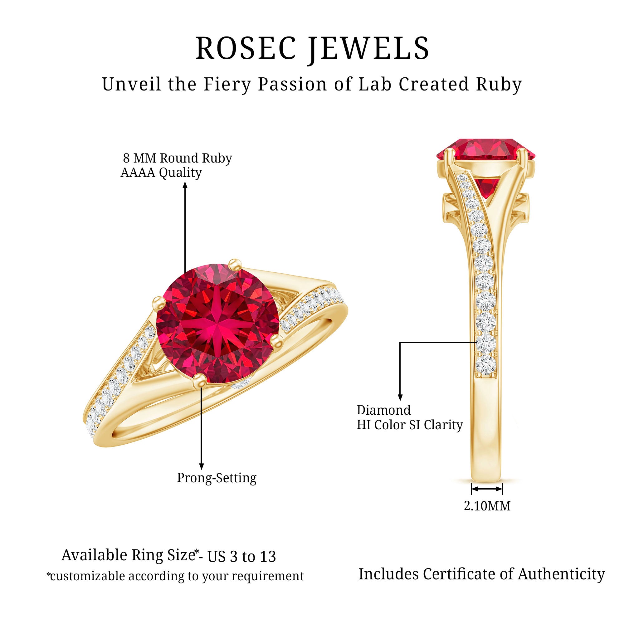Lab Created Ruby and Diamond Engagement Ring in Split Shank AAAA - Rosec Jewels