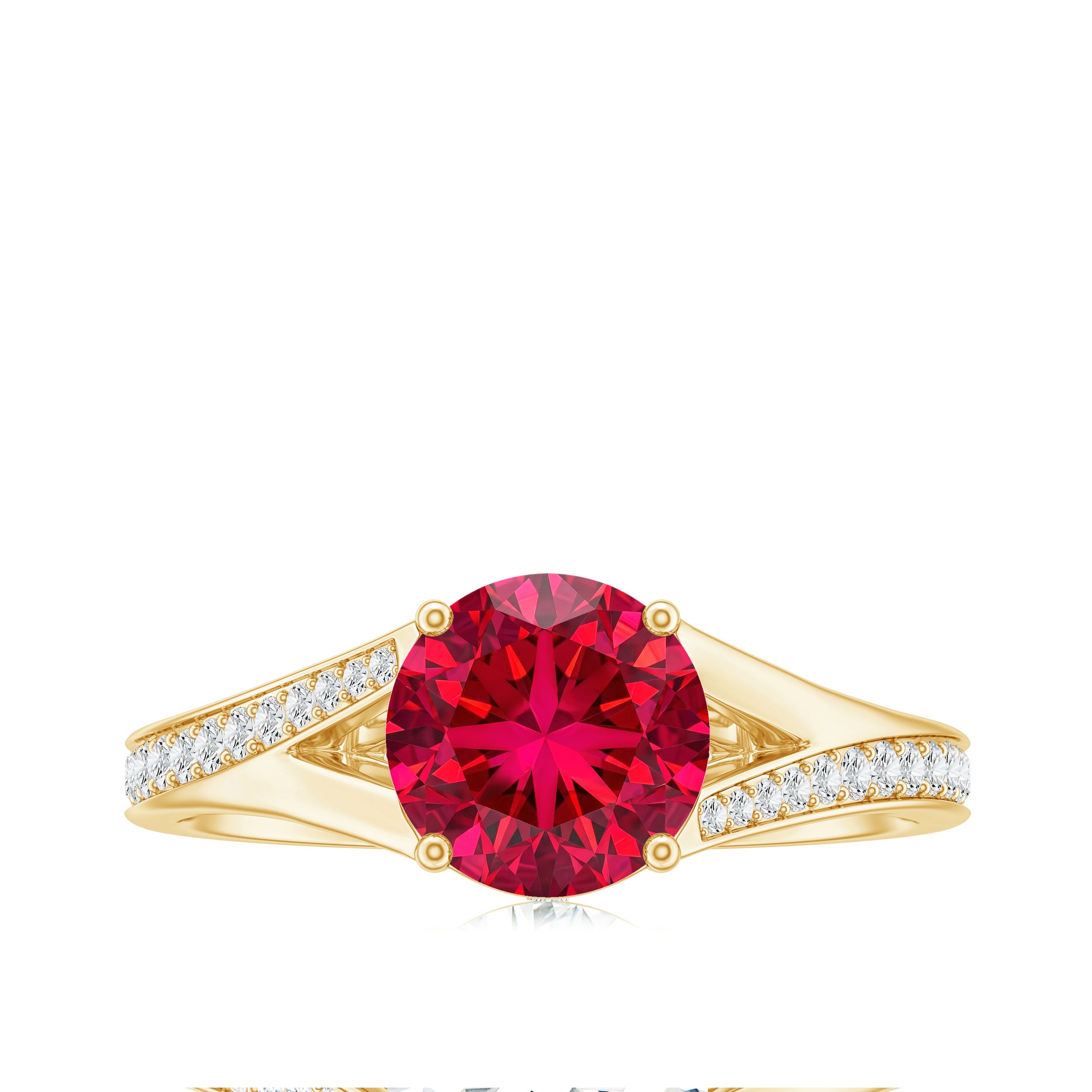 Lab Created Ruby and Diamond Engagement Ring in Split Shank AAAA - Rosec Jewels
