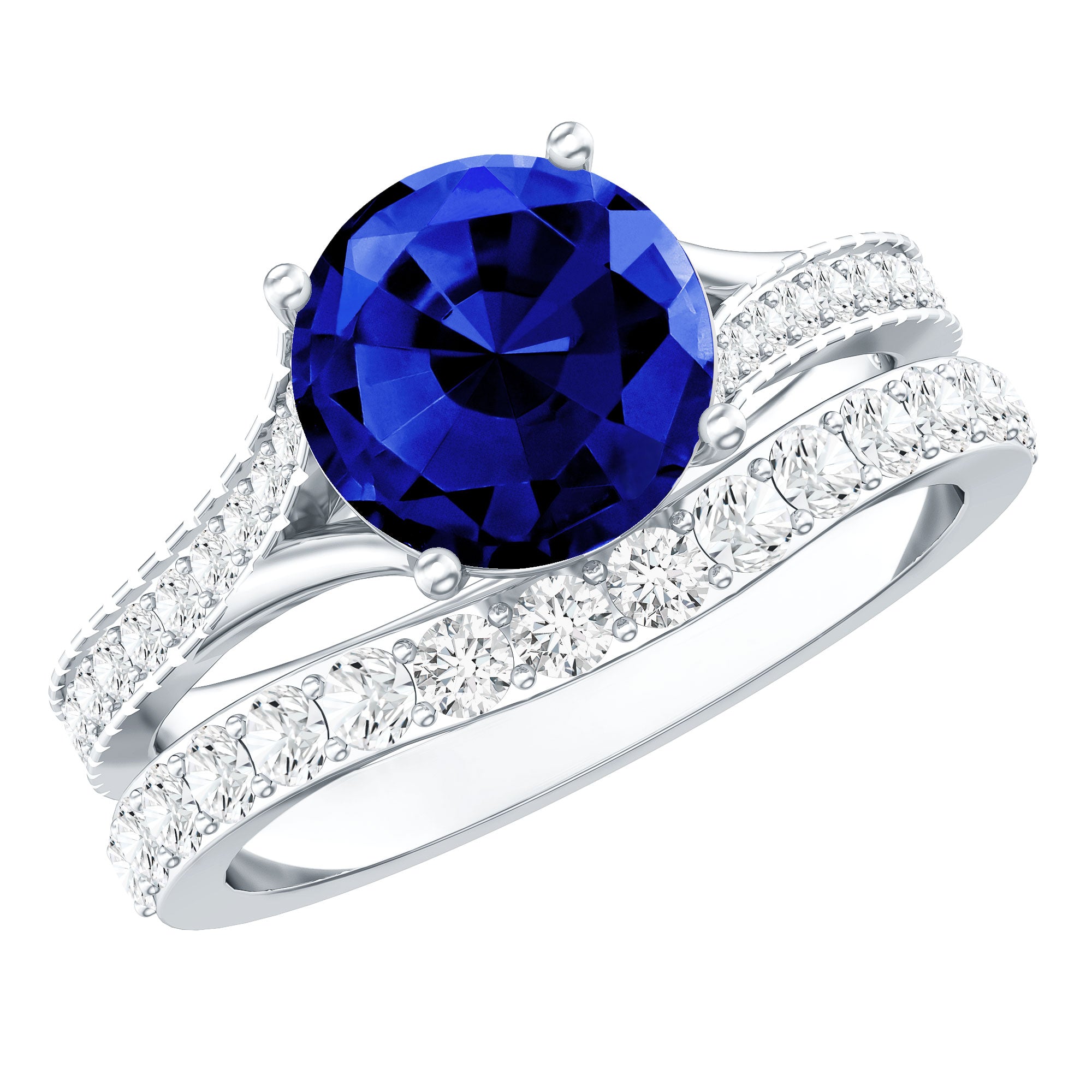 Certified 2.7 Carat Lab Grown Blue Sapphire Engagement Wedding Ring Set with Moissanite AAAA - Rosec Jewels