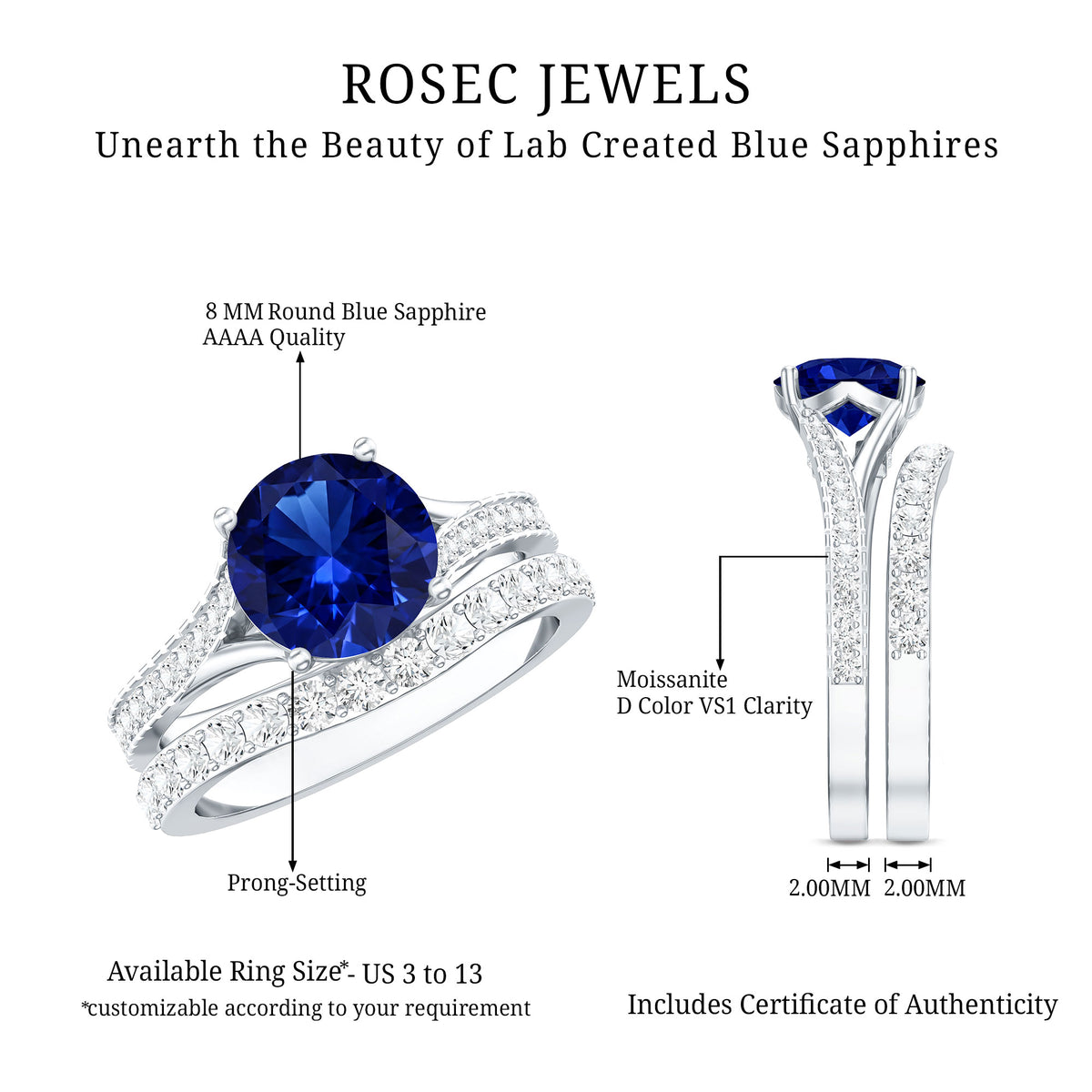 Certified 2.7 Carat Lab Grown Blue Sapphire Engagement Wedding Ring Set with Moissanite AAAA - Rosec Jewels