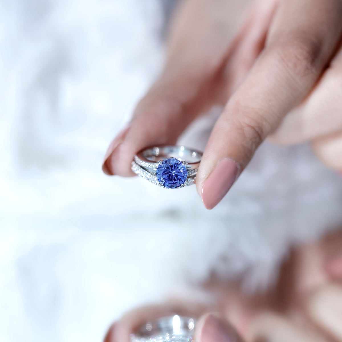 Certified 2.7 Carat Lab Grown Blue Sapphire Engagement Wedding Ring Set with Moissanite AAAA - Rosec Jewels