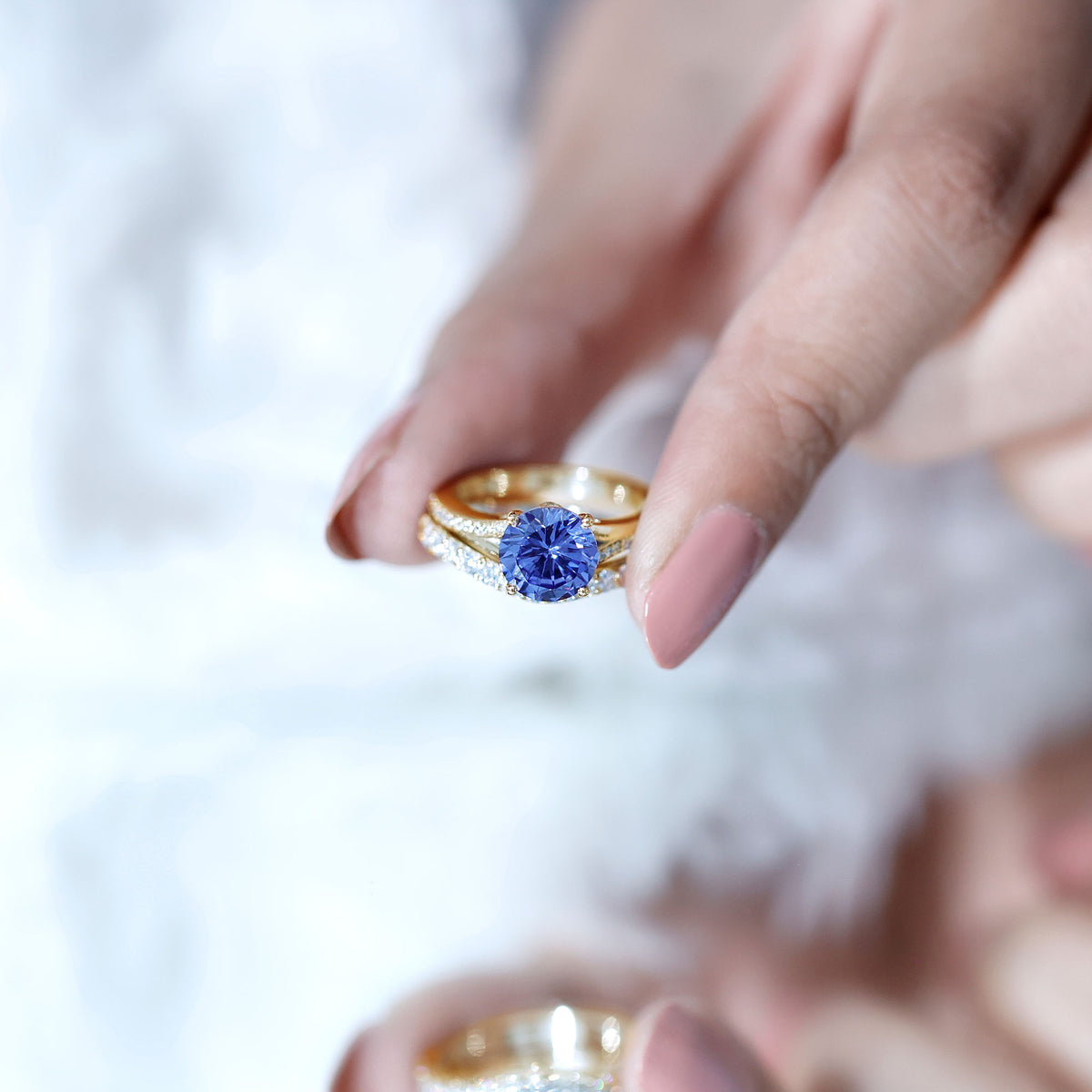 Certified 2.7 Carat Lab Grown Blue Sapphire Engagement Wedding Ring Set with Moissanite AAAA - Rosec Jewels