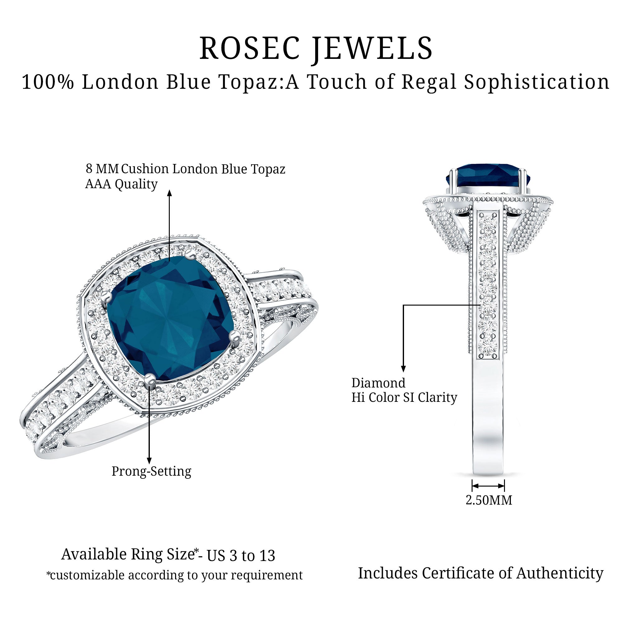 8 mm Cushion Cut London Blue Topaz Halo Engagement Ring with Diamond AAA - Rosec Jewels