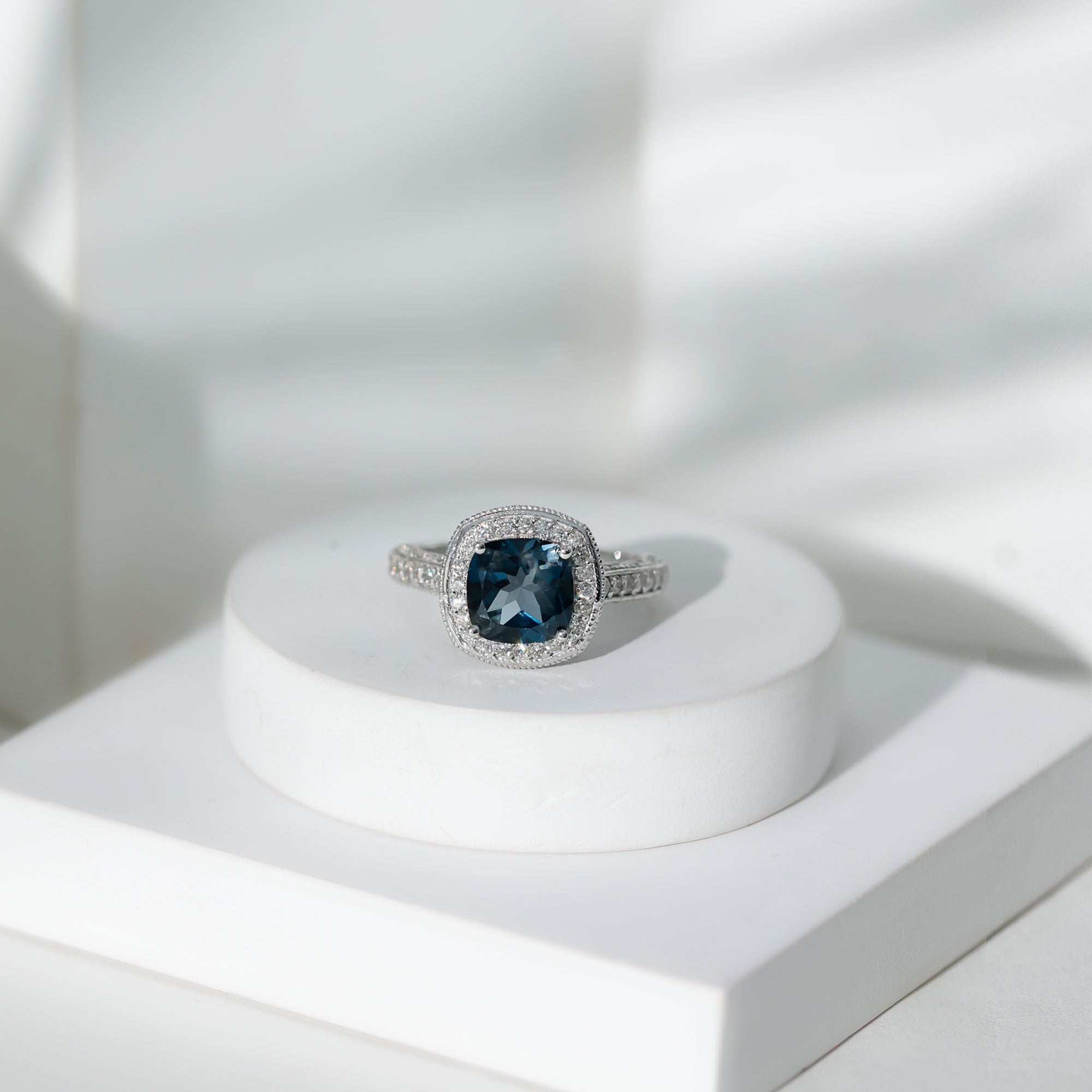 8 mm Cushion Cut London Blue Topaz Halo Engagement Ring with Diamond AAA - Rosec Jewels