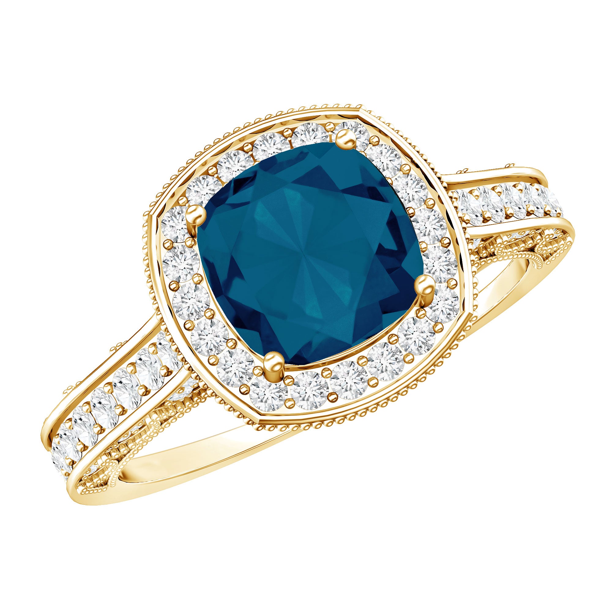 8 mm Cushion Cut London Blue Topaz Halo Engagement Ring with Diamond AAA - Rosec Jewels