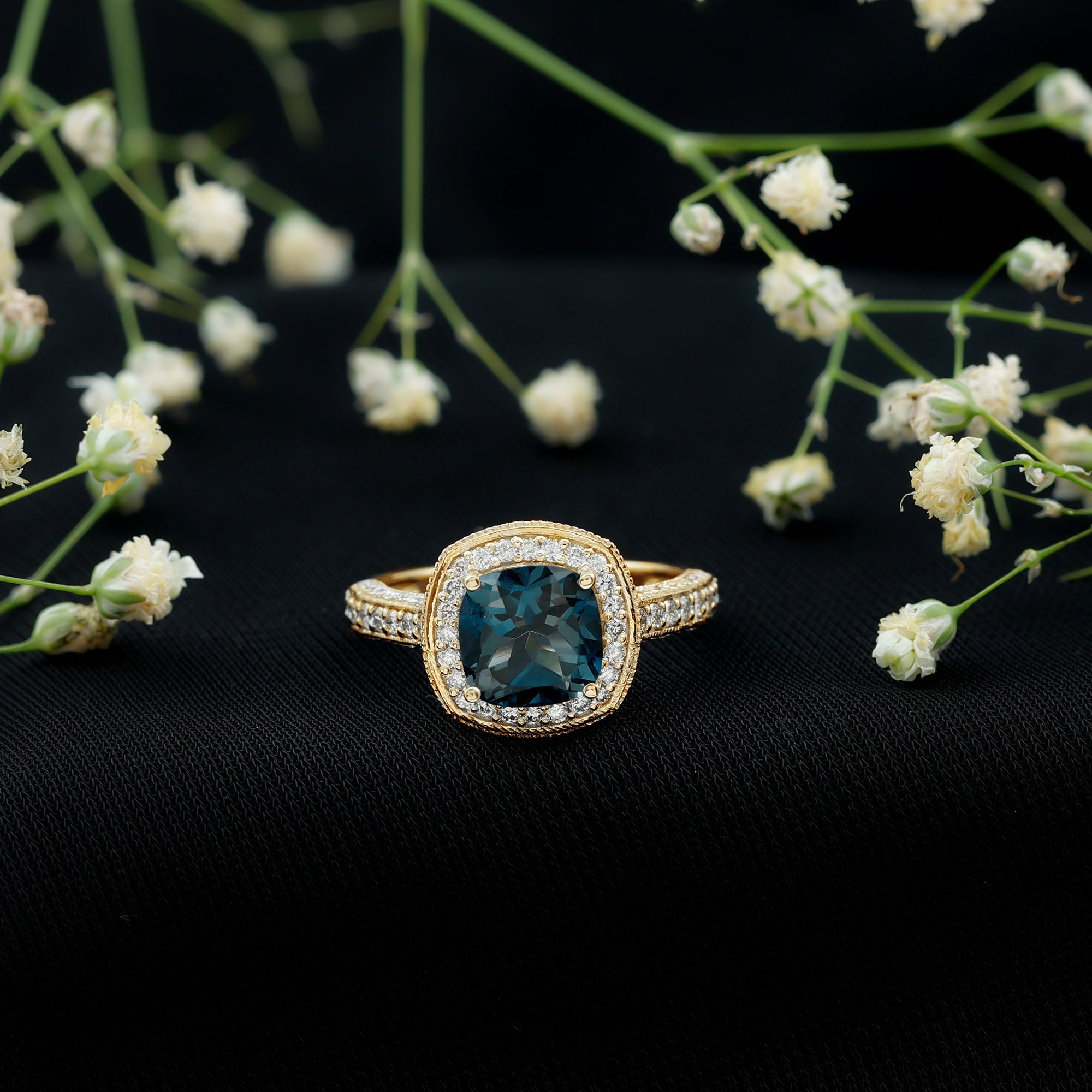 8 mm Cushion Cut London Blue Topaz Halo Engagement Ring with Diamond AAA - Rosec Jewels