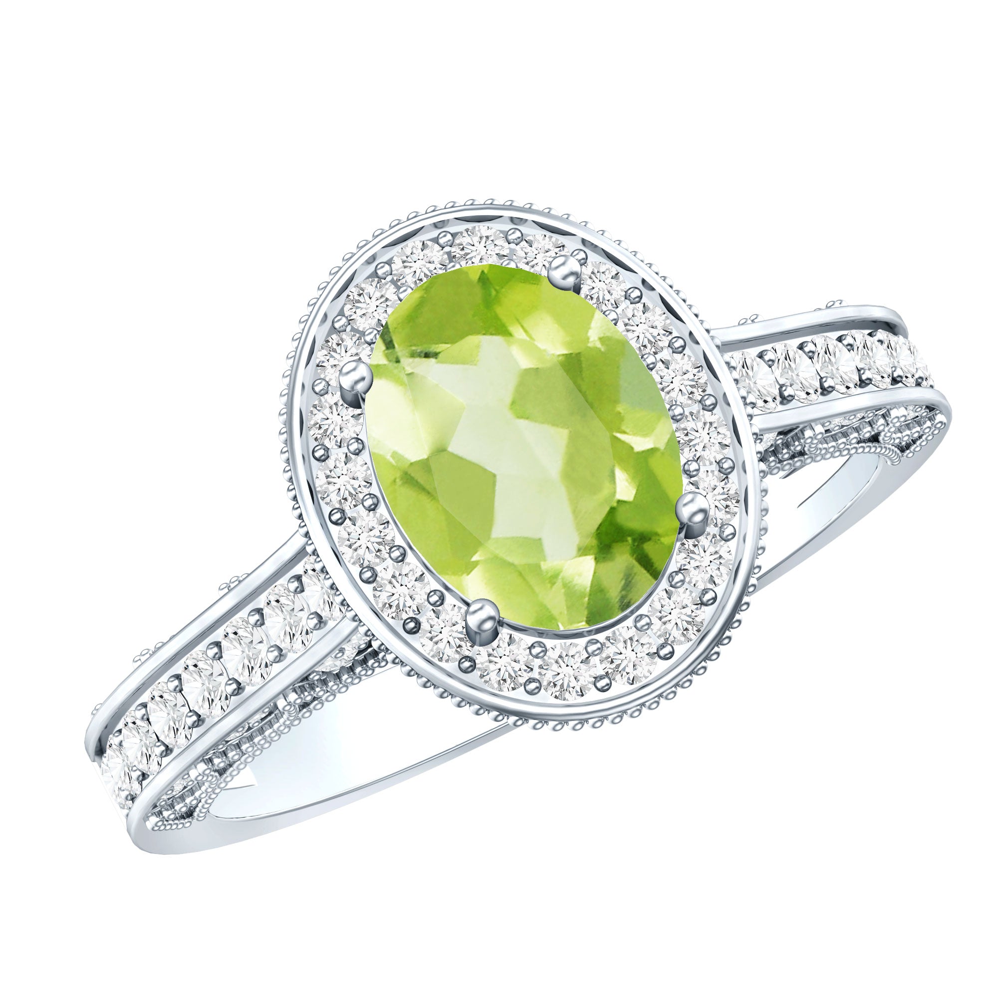 Natural Peridot and Diamond Engagement Ring with Milgrain Details AAA - Rosec Jewels