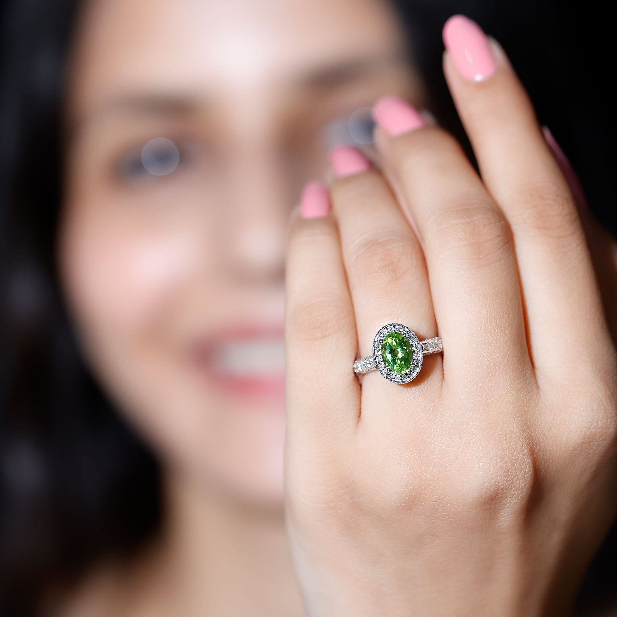 Natural Peridot and Diamond Engagement Ring with Milgrain Details AAA - Rosec Jewels