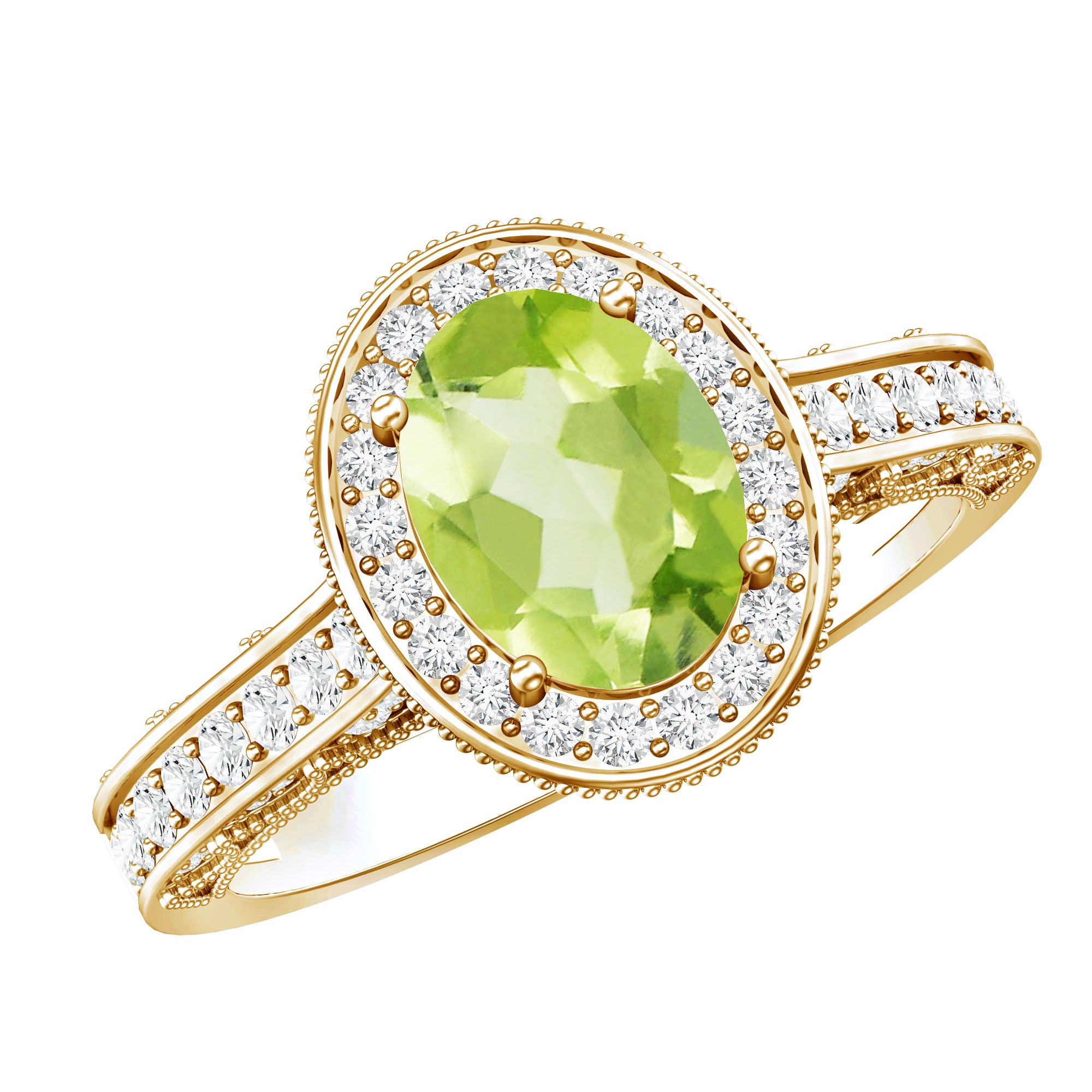 Natural Peridot and Diamond Engagement Ring with Milgrain Details AAA - Rosec Jewels