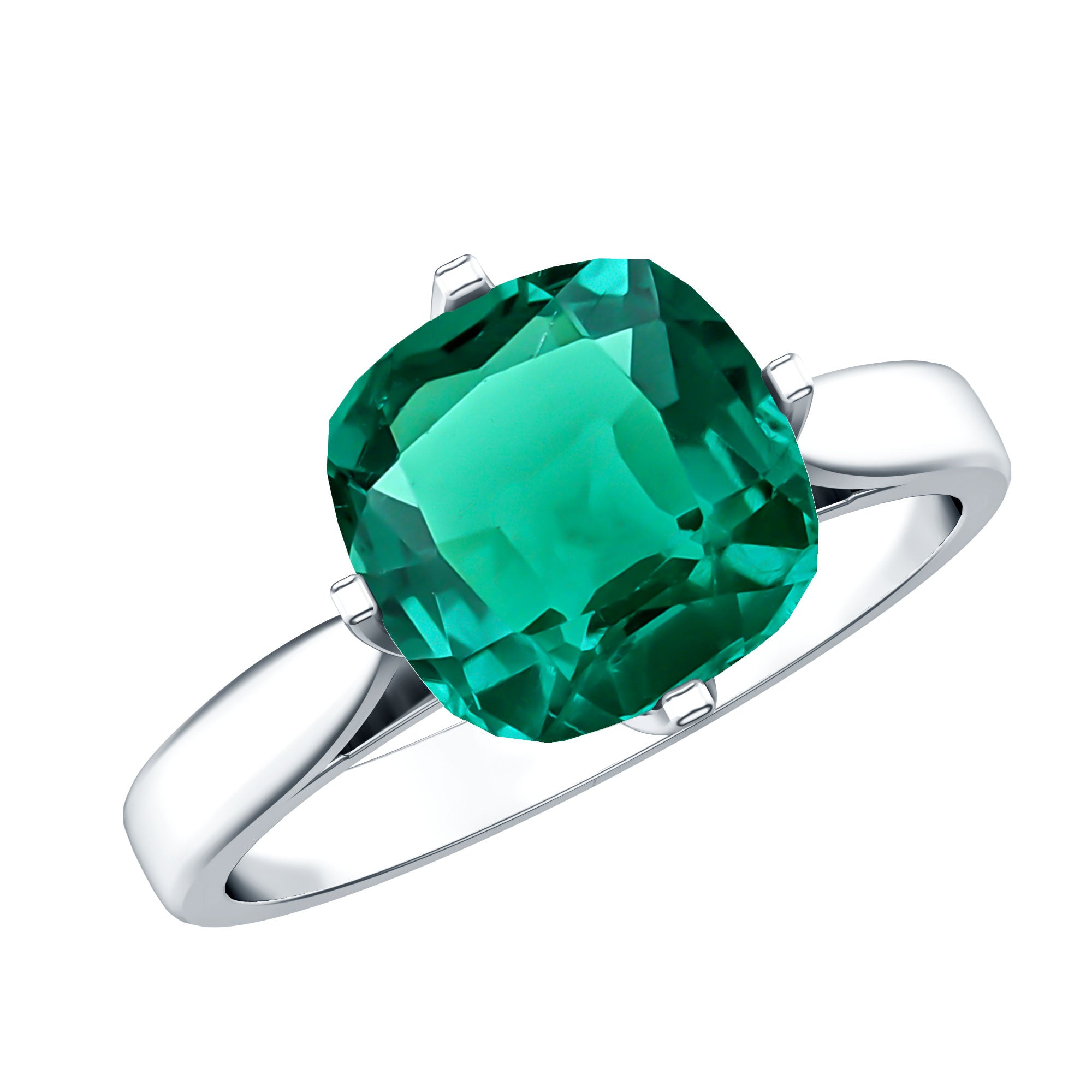 Cushion Cut Lab Grown Emerald Solitaire Engagement Ring AAAA - Rosec Jewels