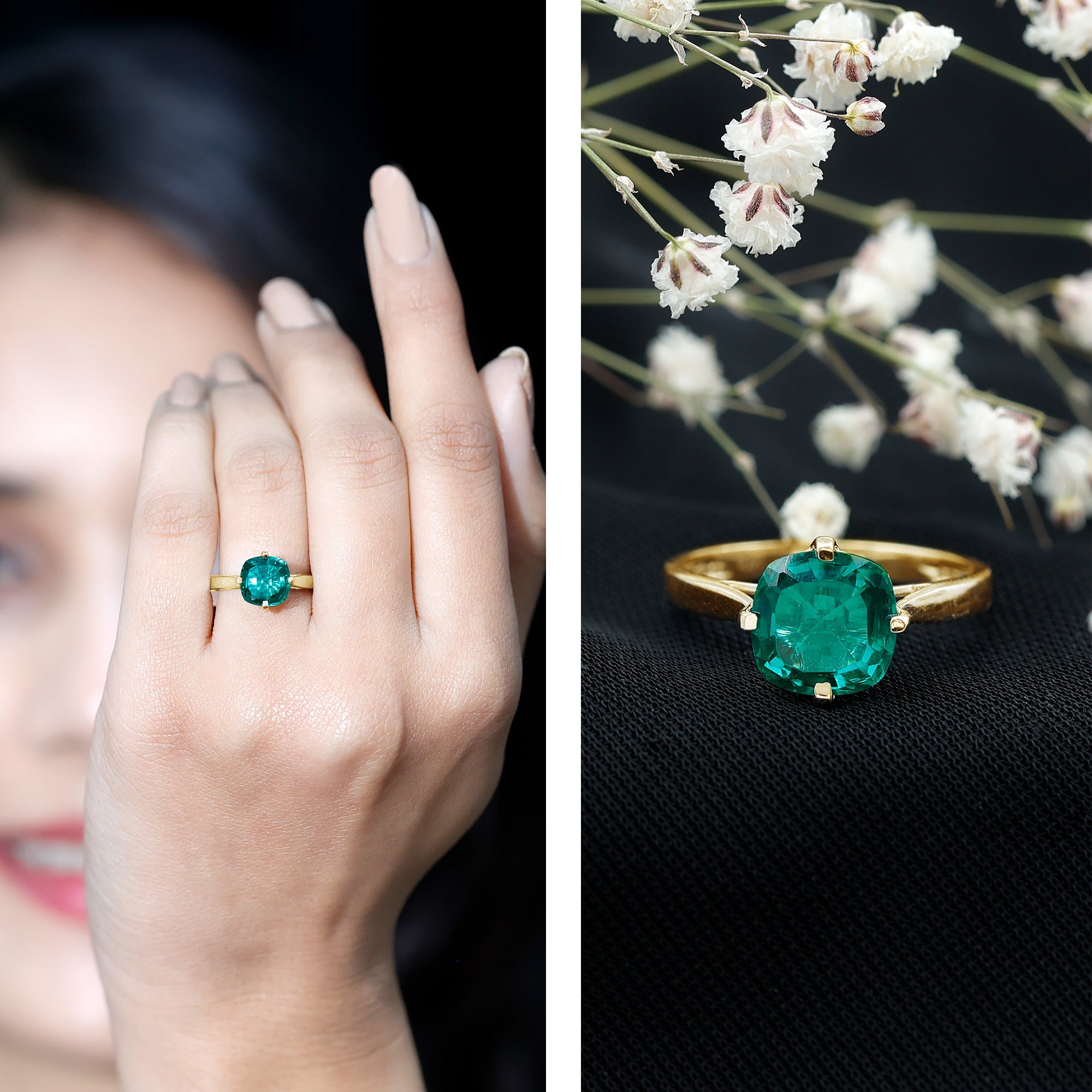 Cushion Cut Lab Grown Emerald Solitaire Engagement Ring AAAA - Rosec Jewels