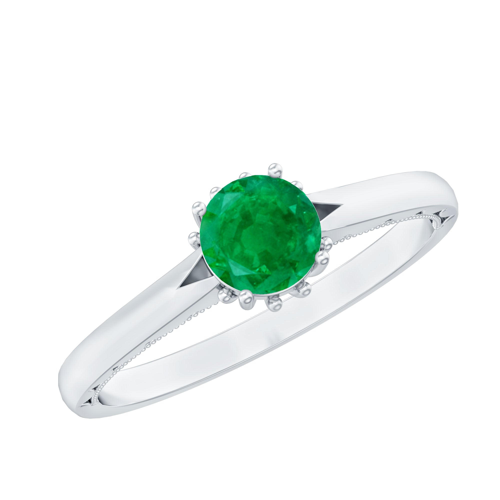 May Birthstone 5 MM Emerald Solitaire Ring with Milgrain Detailing