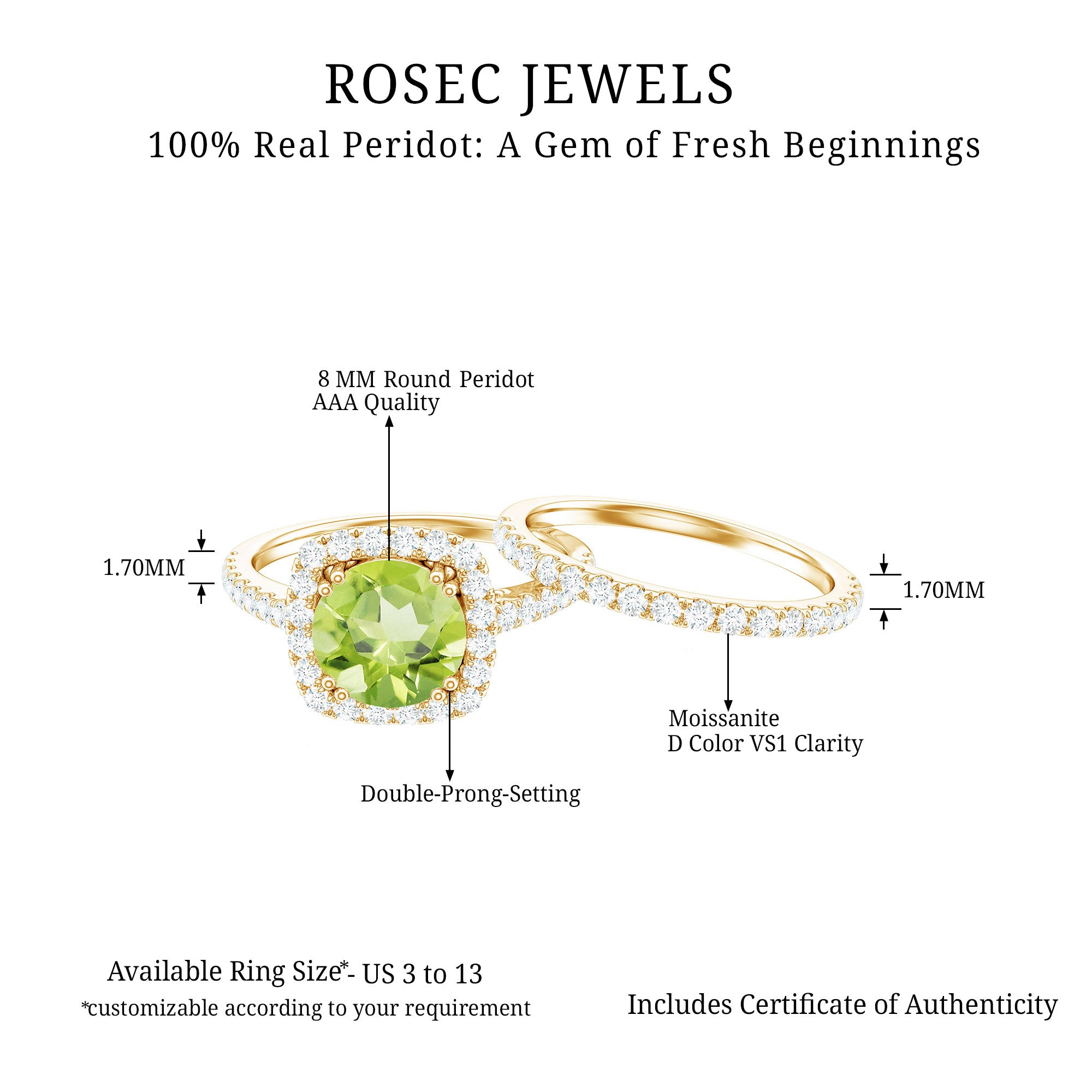 Natural 2 Carat Peridot Engagement Ring with Wedding Band AAA - Rosec Jewels