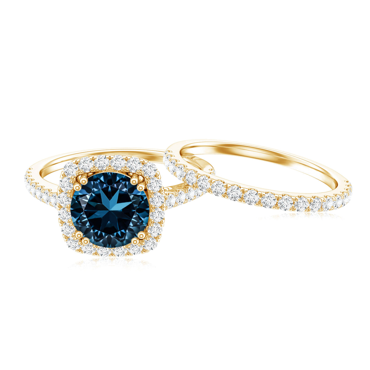 Genuine Blue Topaz and Diamond Halo Wedding Ring Set AAA - Rosec Jewels